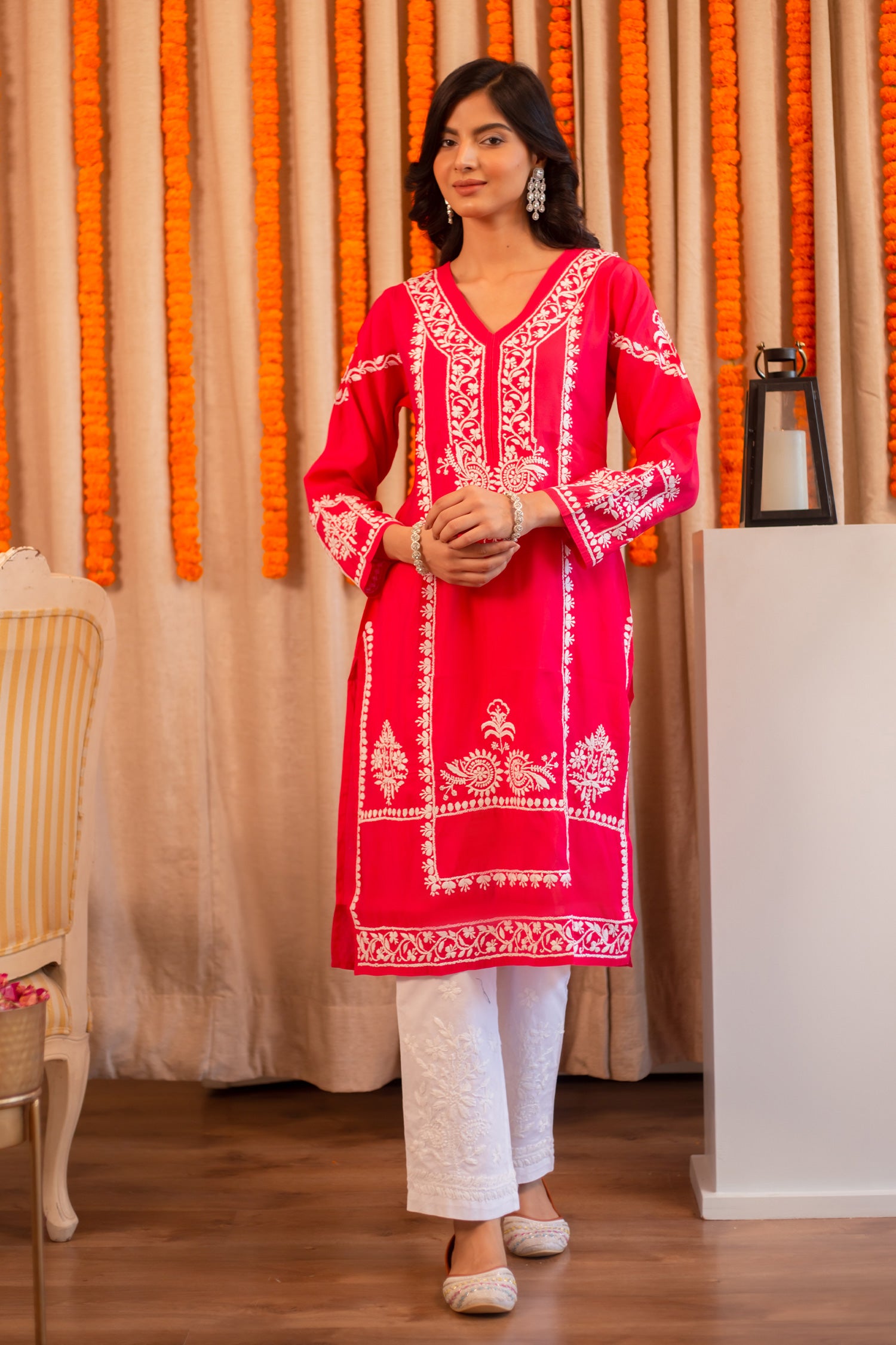 Saba Chikankari Long Kurta In Muslin - Pink