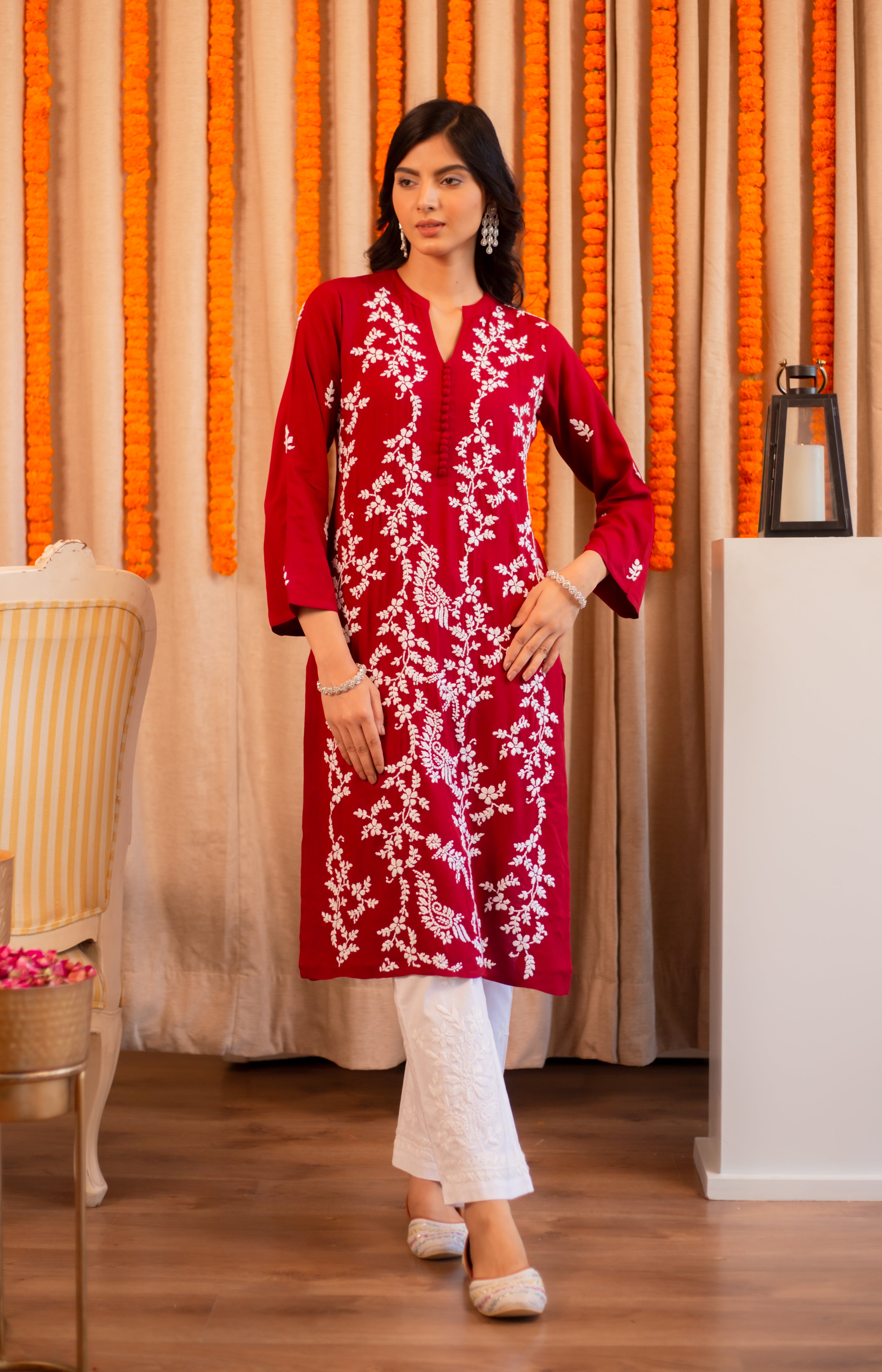 Saba Chikankari Long Kurta In Rayon Cotton - Burgunday