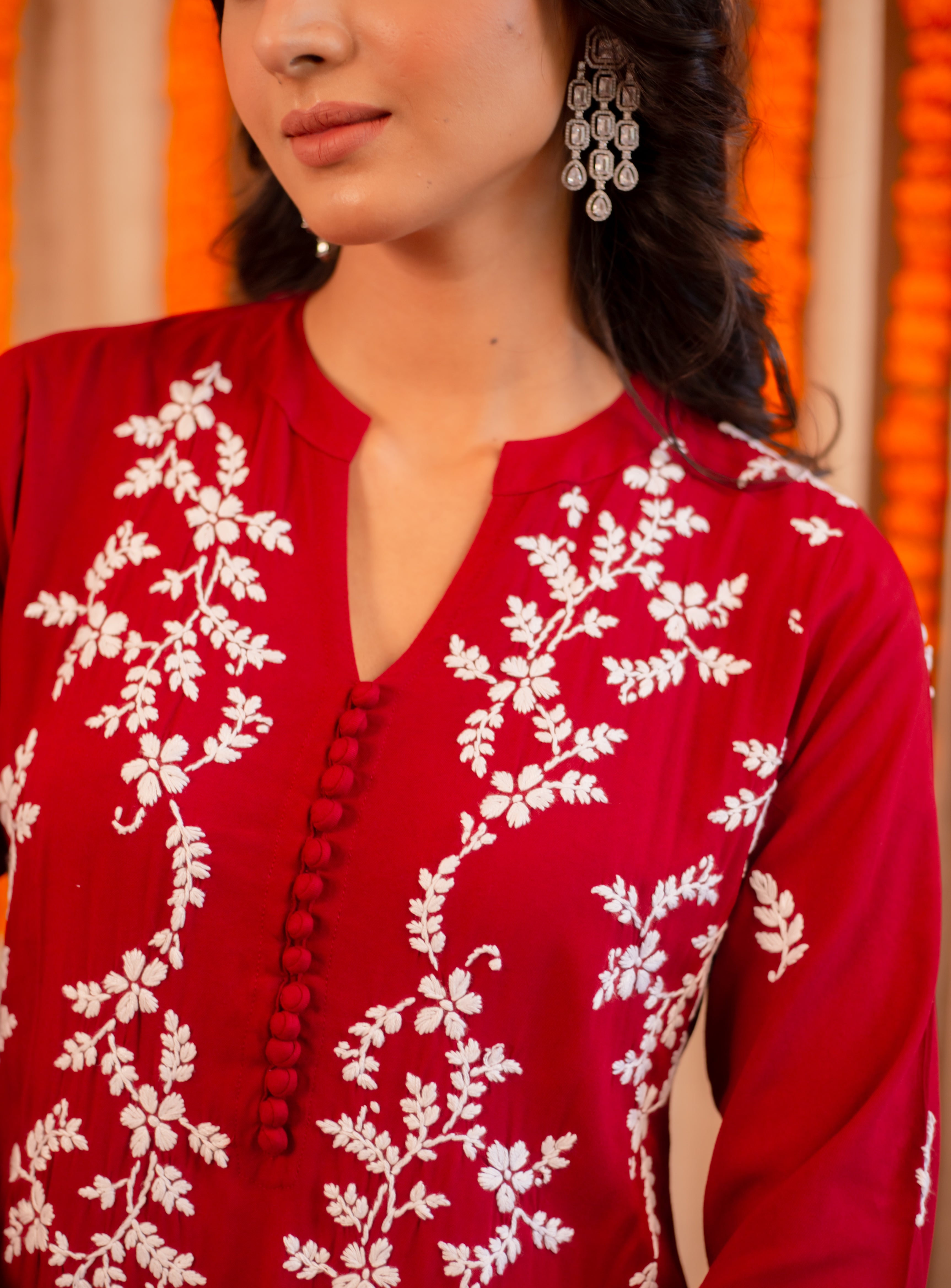 Saba Chikankari Long Kurta In Rayon Cotton - Burgunday