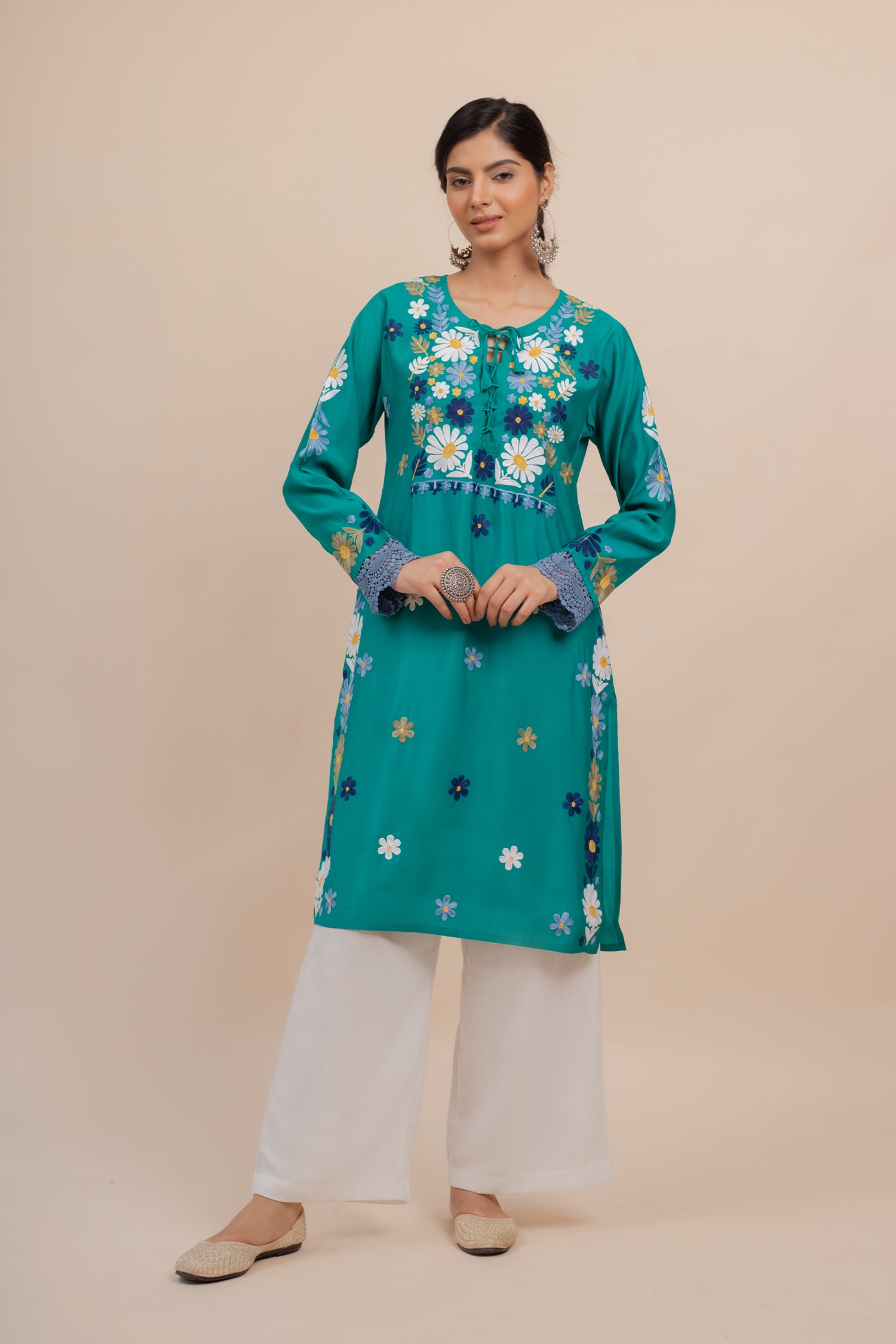 Falak Kashmiri Long Kurta In Turquoise Blue Muslin With Aari