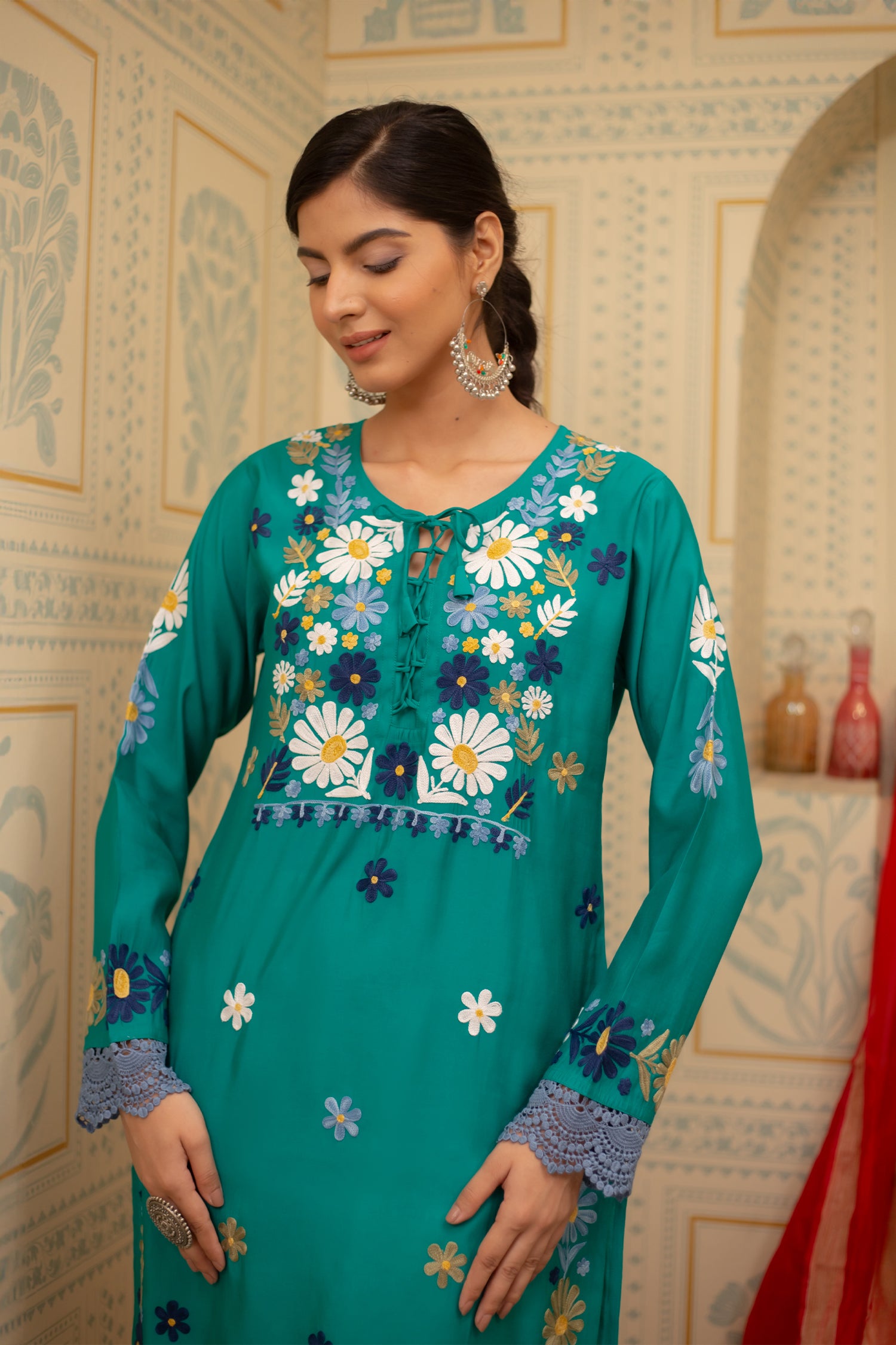 Falak Kashmiri Long Kurta In Turquoise Blue Muslin With Aari