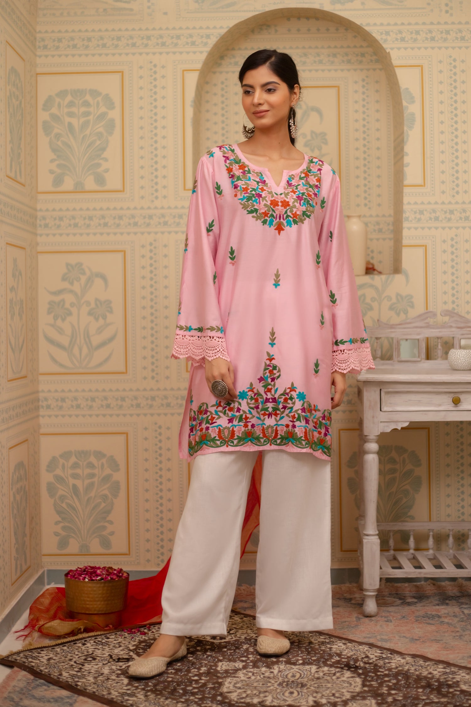 Falak Kashmiri Long Kurta In Pink Chanderi Silk With Aari