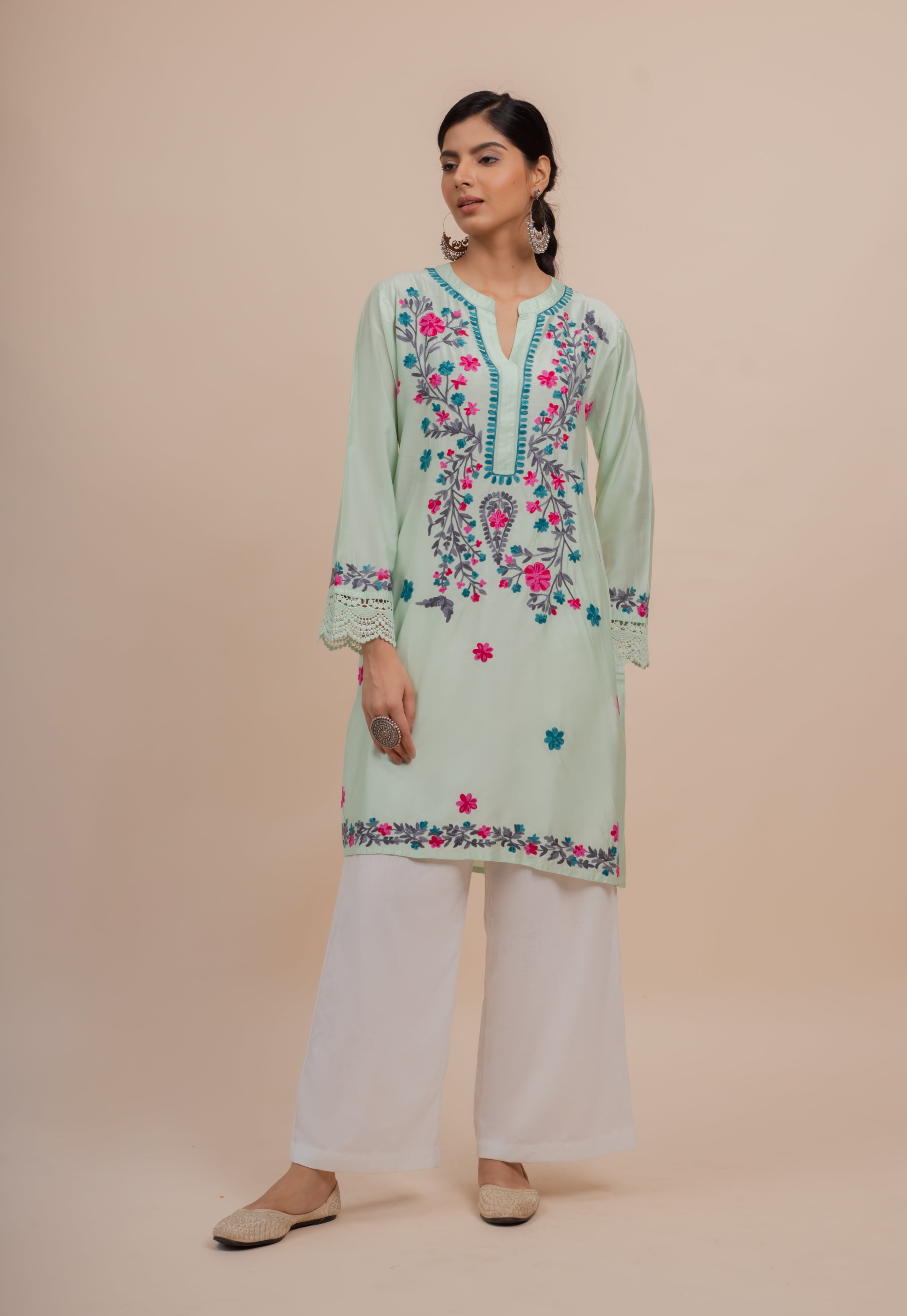 Falak Kashmiri Long Kurta In Turquoise Green Chanderi Silk With Aari