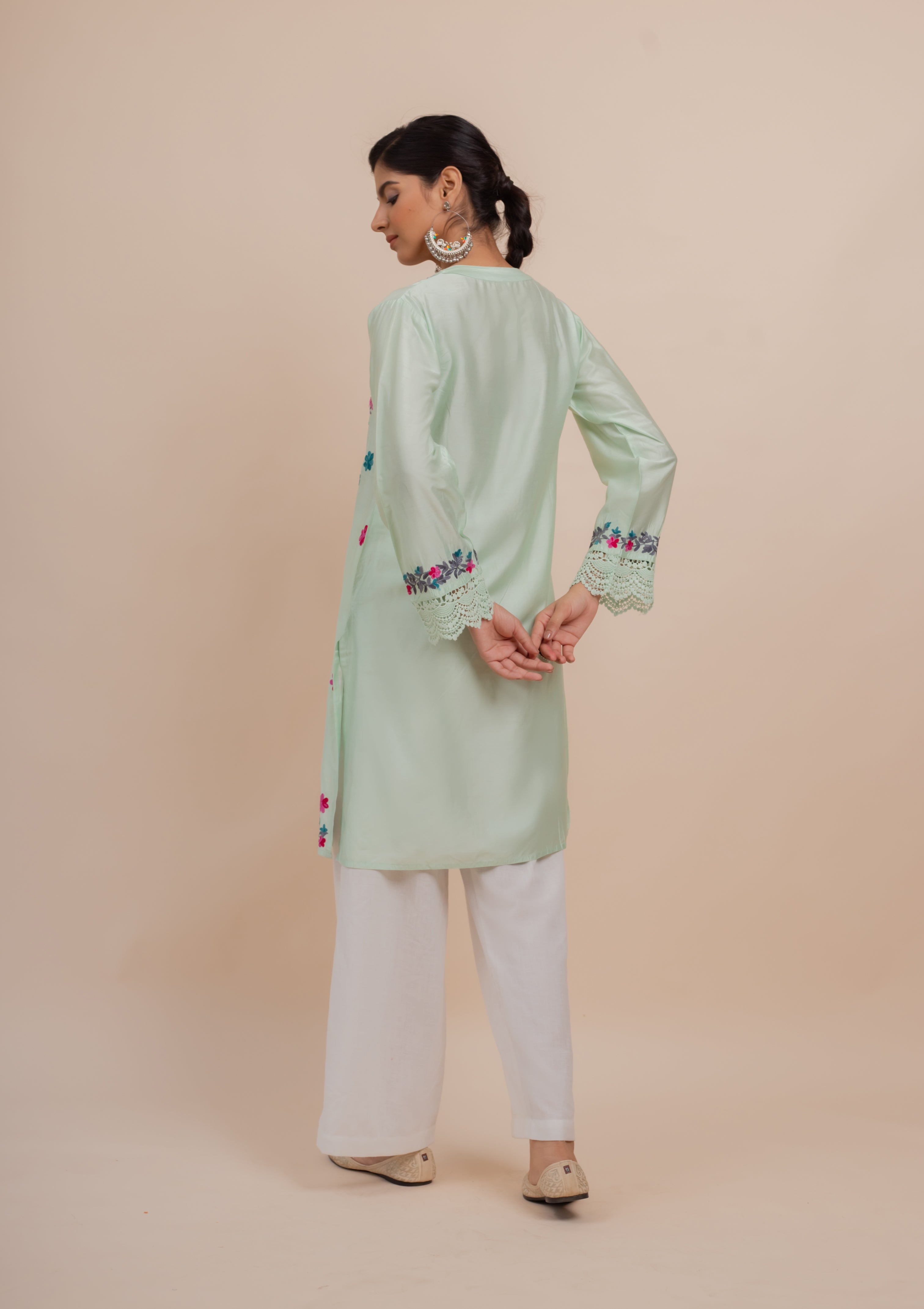 Falak Kashmiri Long Kurta In Turquoise Green Chanderi Silk With Aari