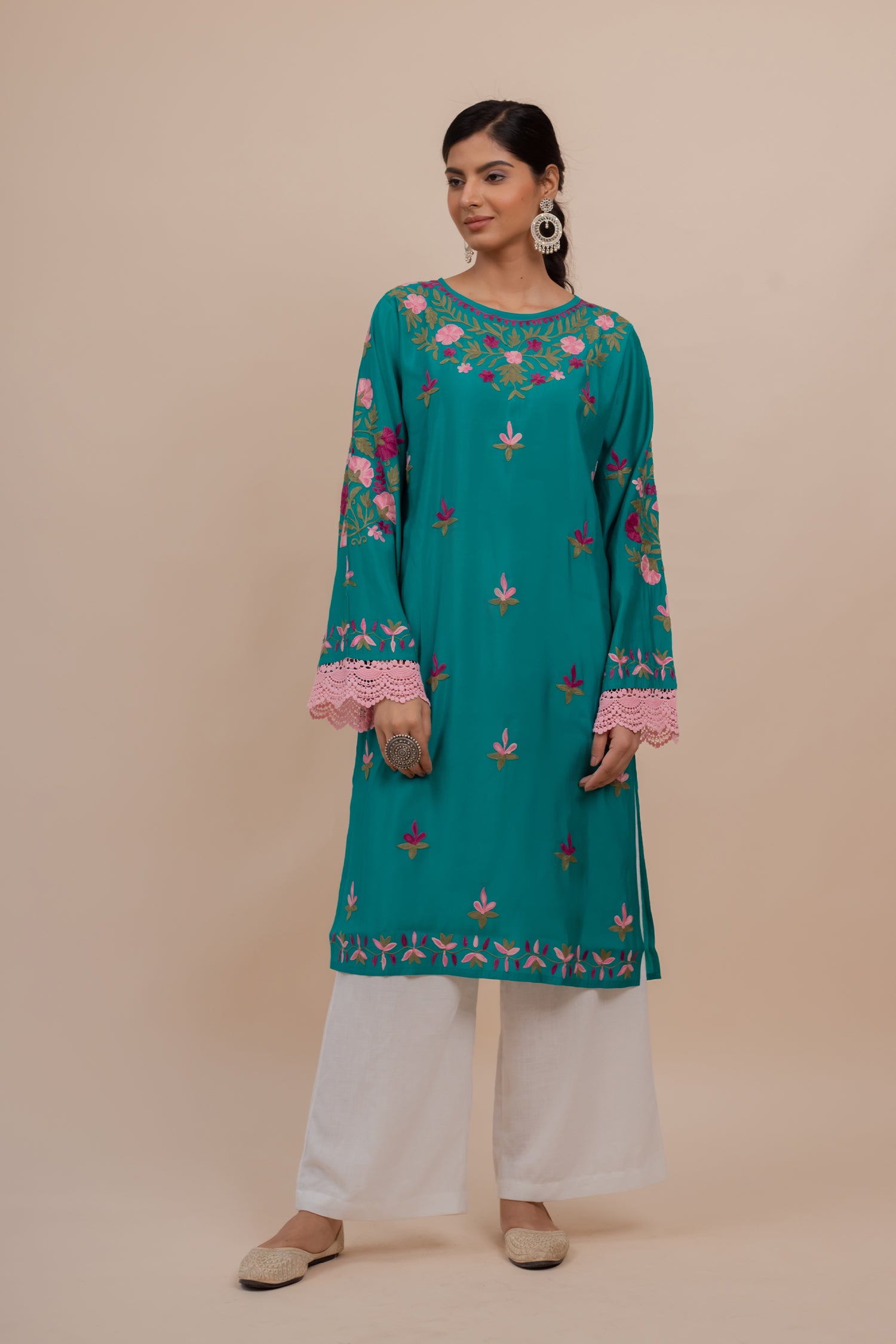 Falak Kashmiri Long Kurta In Turquoise Blue Muslin With Aari