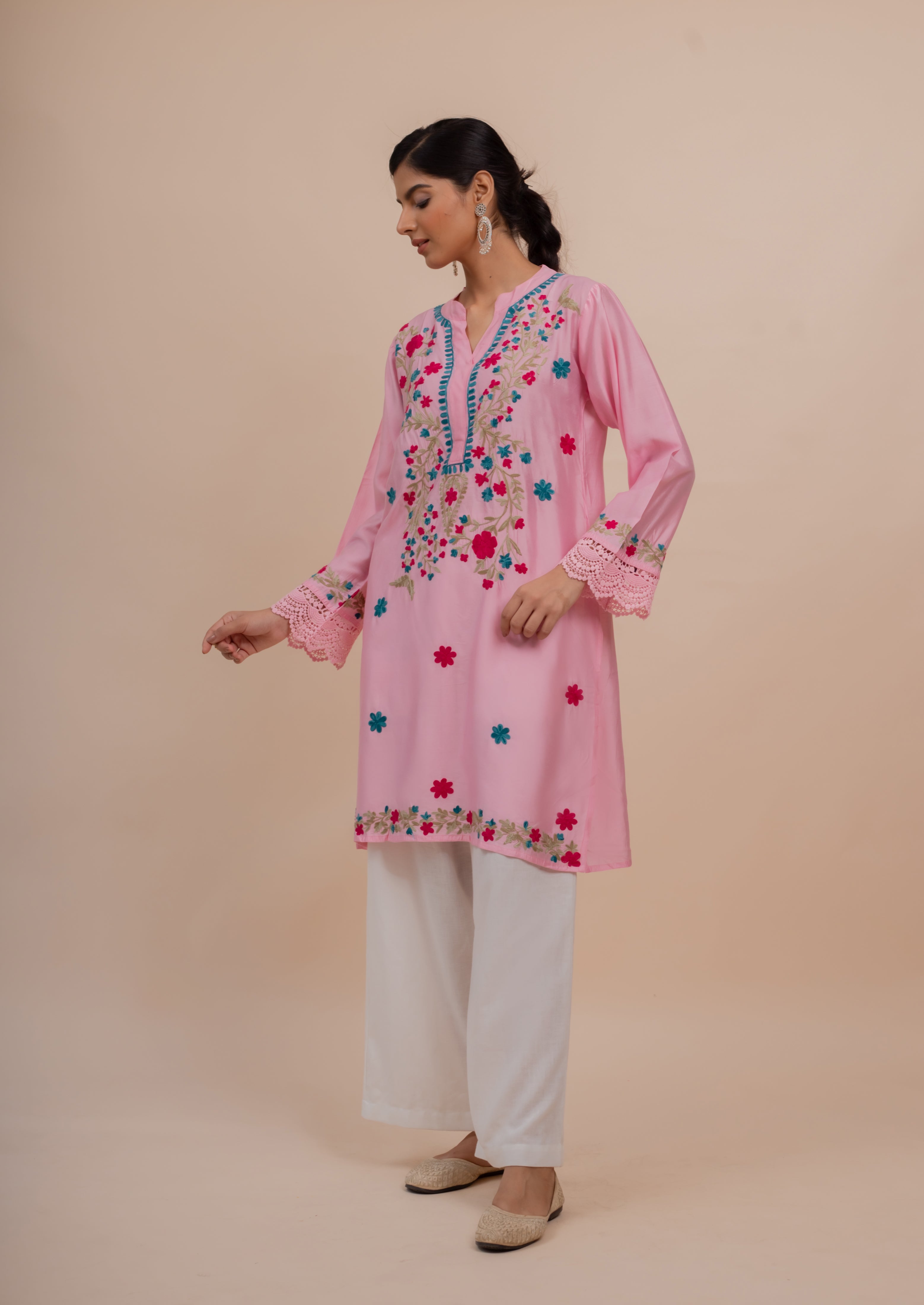 Falak Kashmiri Long Kurta In Pink Chanderi Silk With Aari