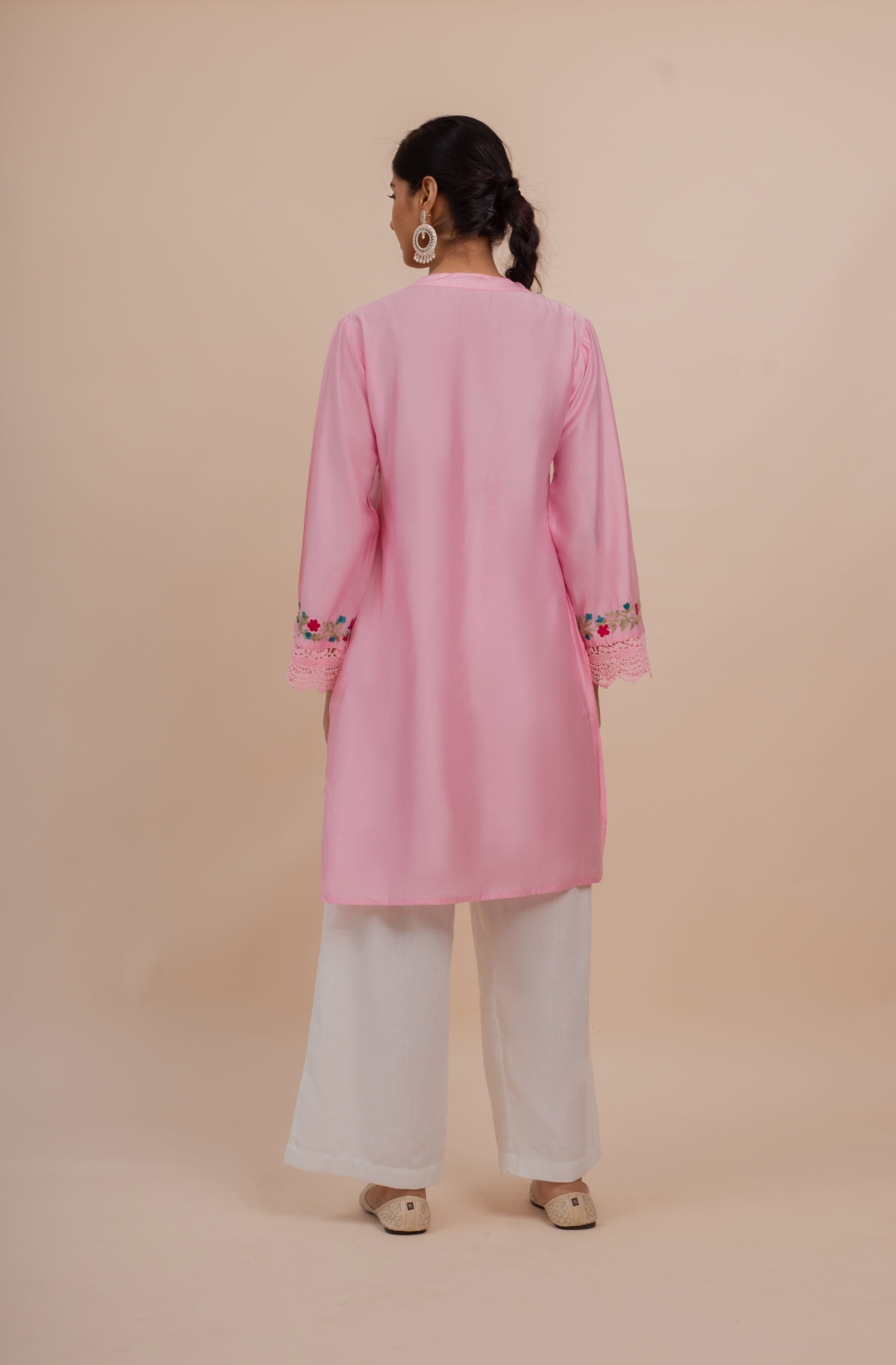 Falak Kashmiri Long Kurta In Pink Chanderi Silk With Aari