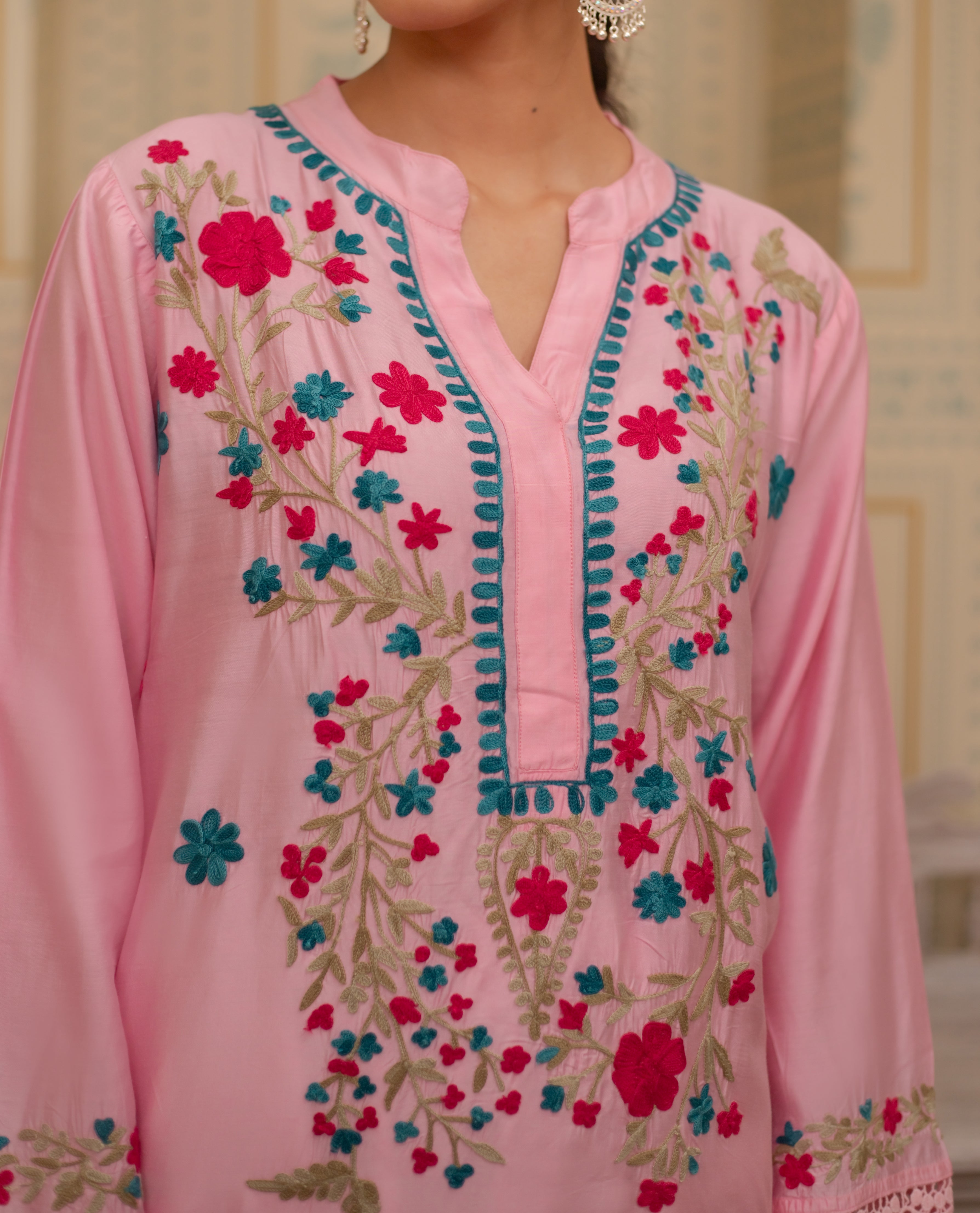 Falak Kashmiri Long Kurta In Pink Chanderi Silk With Aari