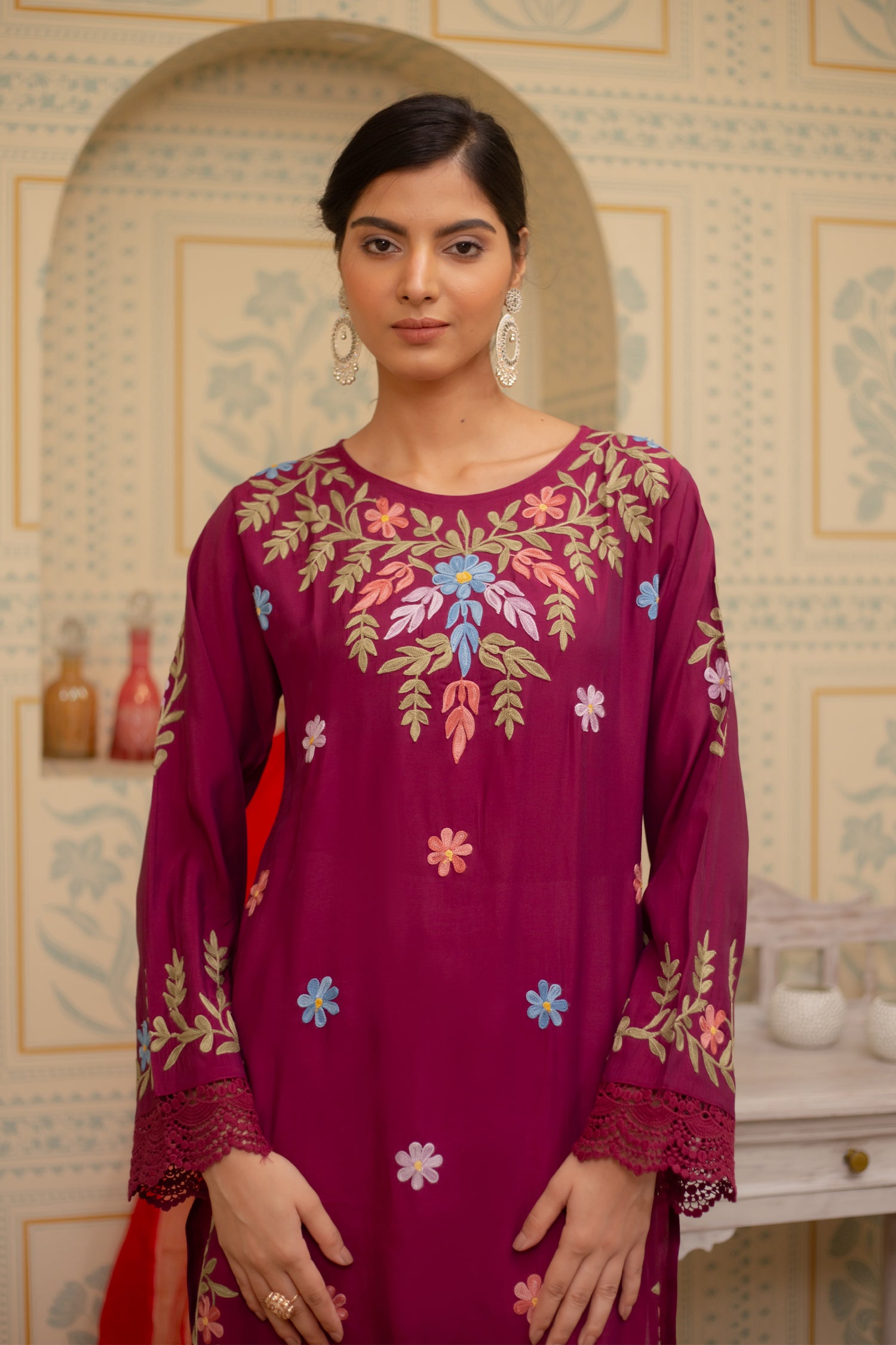 Falak Kashmiri Long Kurta In Burgundy Muslin With Aari