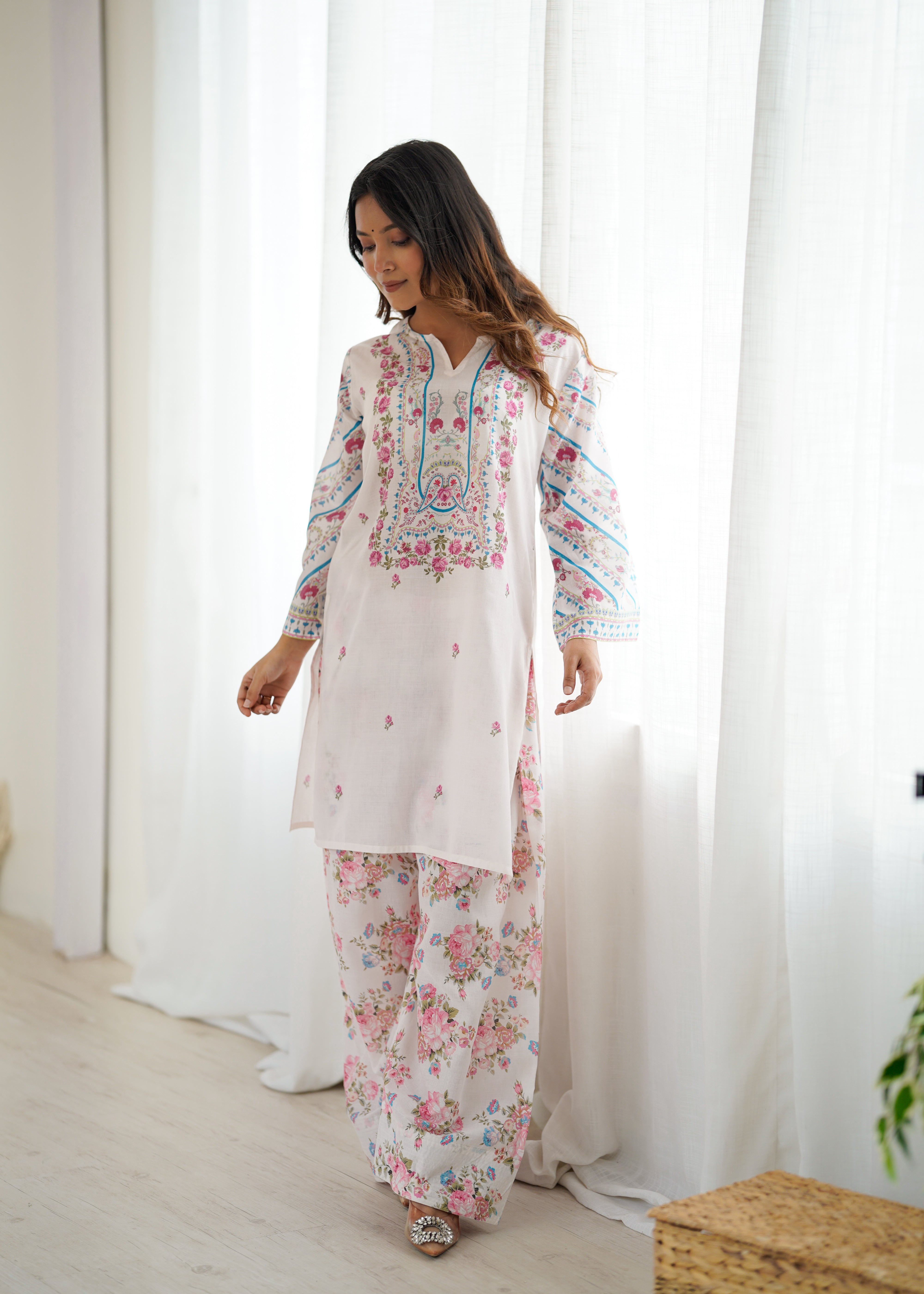 Aarti in Lawn Cotton Co-ord Set - White with Pink Floral Print with Farsi Pant