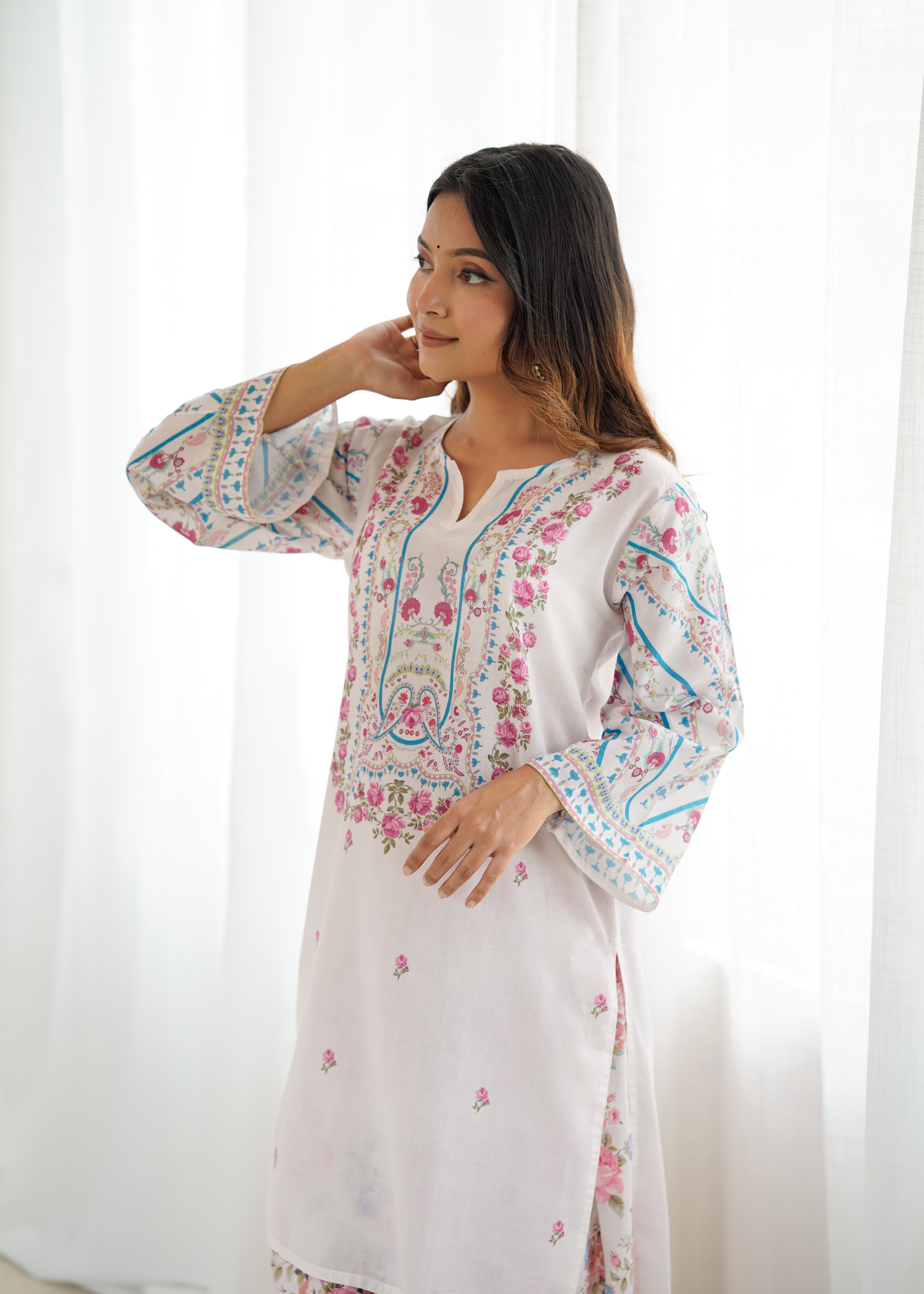 Aarti in Lawn Cotton Co-ord Set - White with Pink Floral Print with Farsi Pant