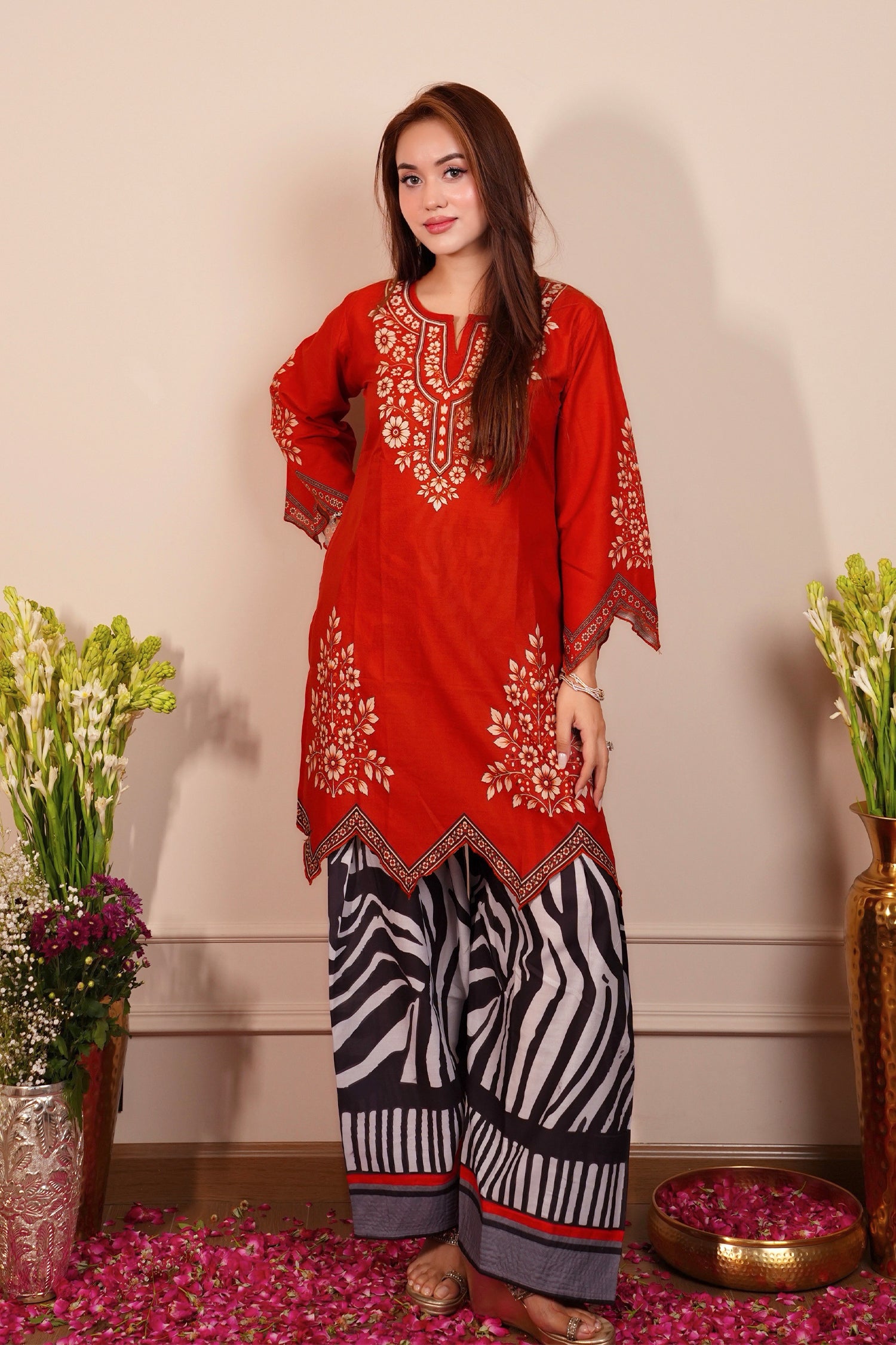 Lawn Cotton Printed Co-ord Set  Laser-Cut - Rust Red