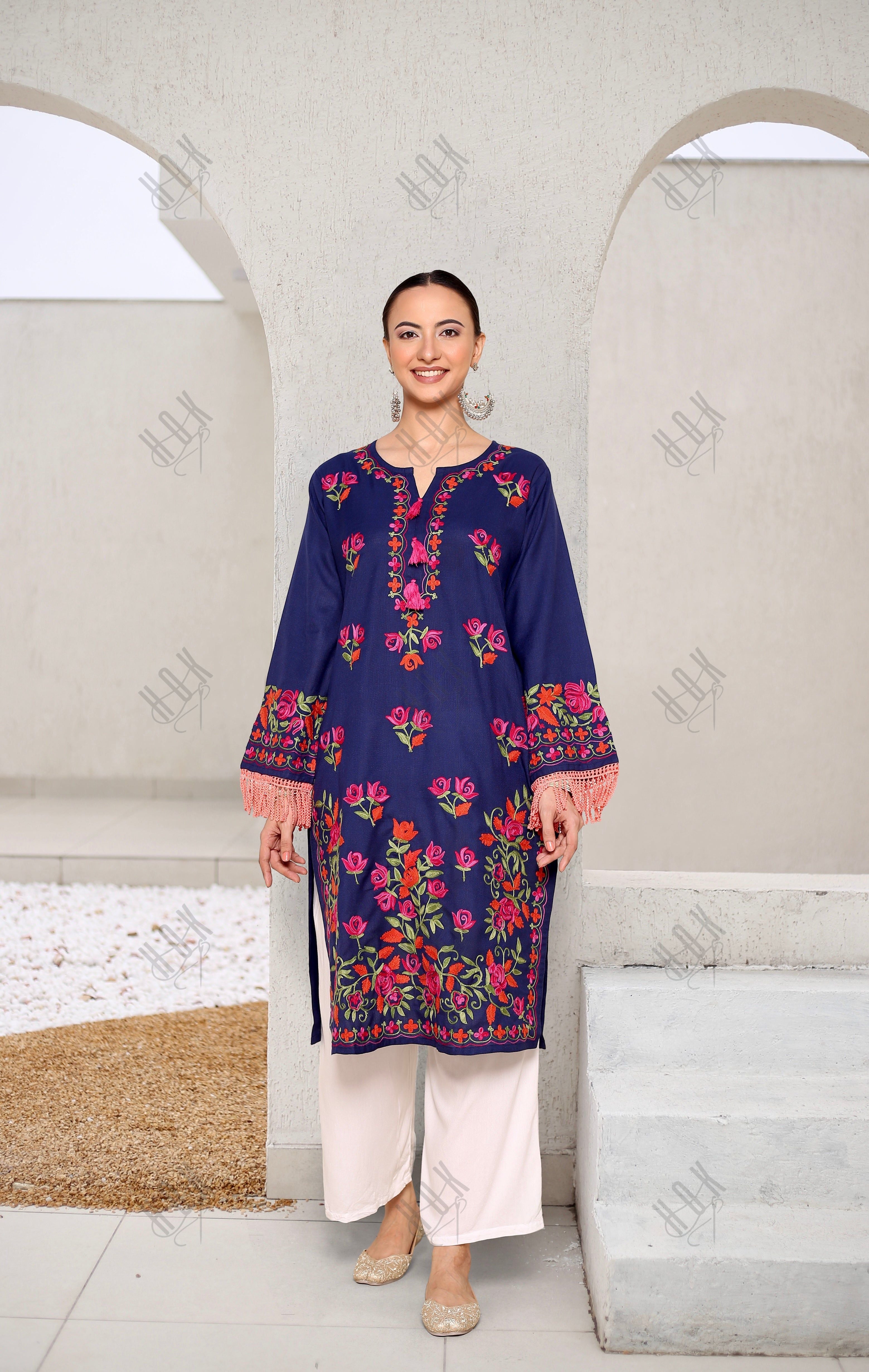 Falak Kashmiri Long Kurta- Navy Blue