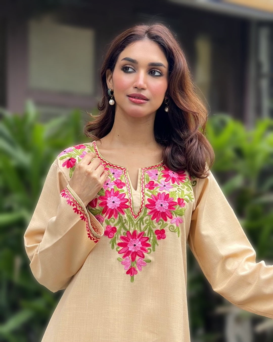 Pooja in Kashmiri Aari Work Cotton Kurta Set - Beige