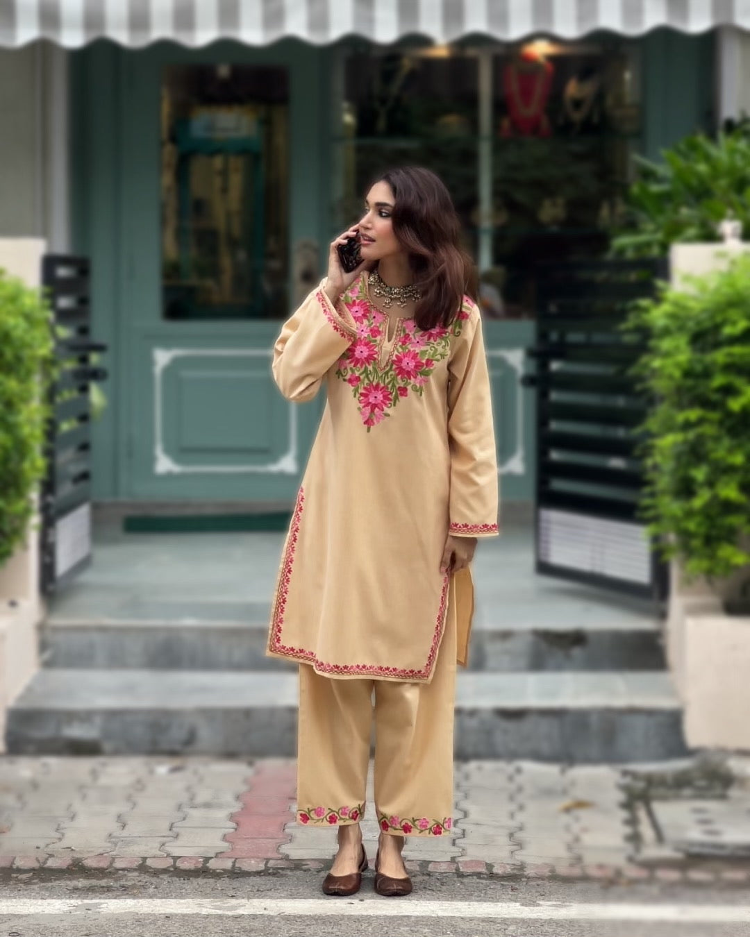 Pooja in Kashmiri Aari Work Cotton Kurta Set - Beige