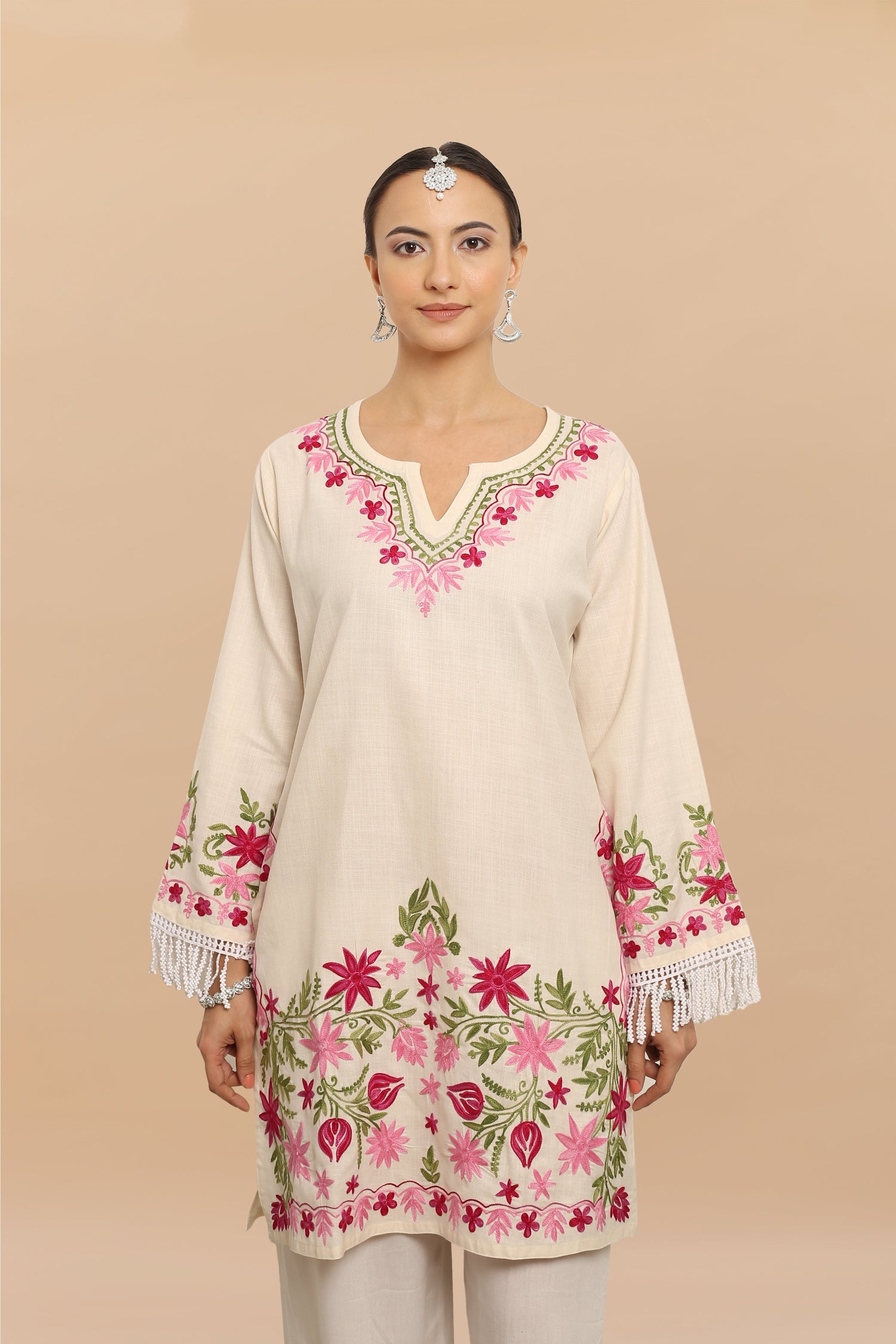 Plus Size - HOK Falak Kashmiri Long Kurta - White