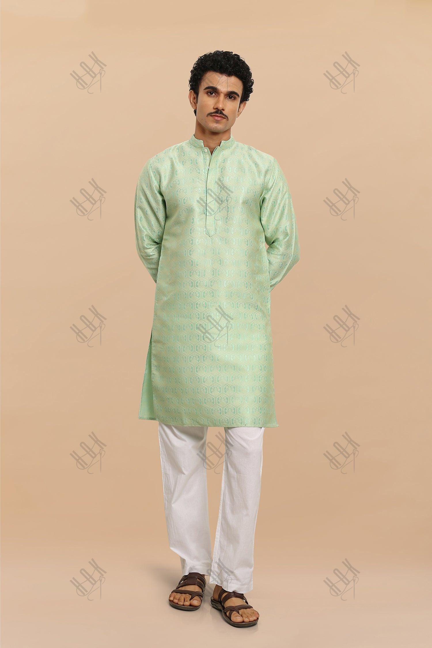 Men's Kurta In Jacquard Self  Lime Green