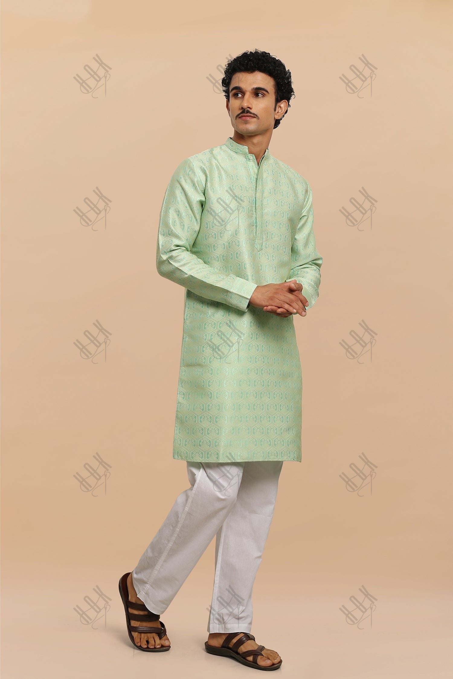 Men's Kurta In Jacquard Self  Lime Green