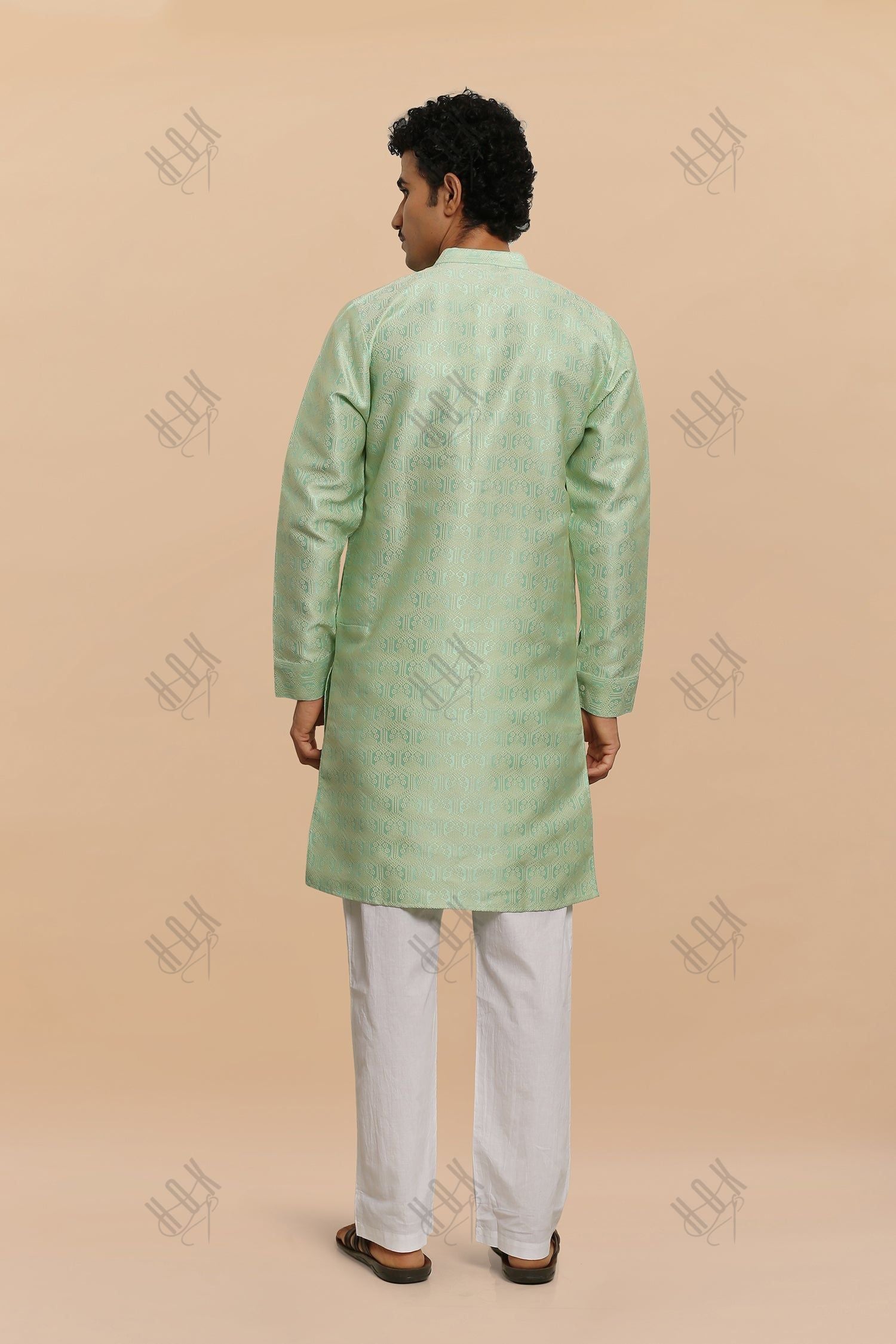 Men's Kurta In Jacquard Self  Lime Green