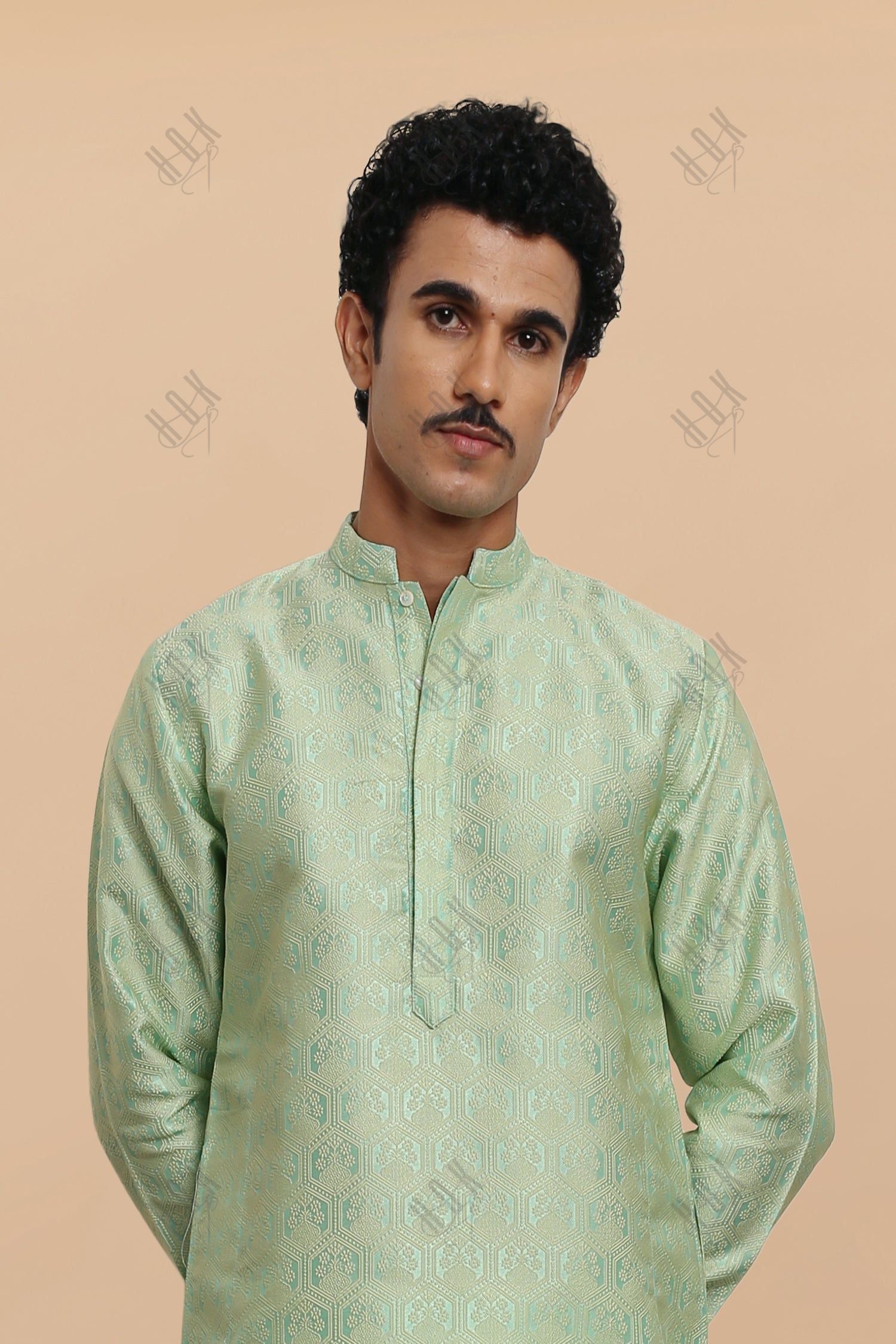 Men's Kurta In Jacquard Self  Lime Green