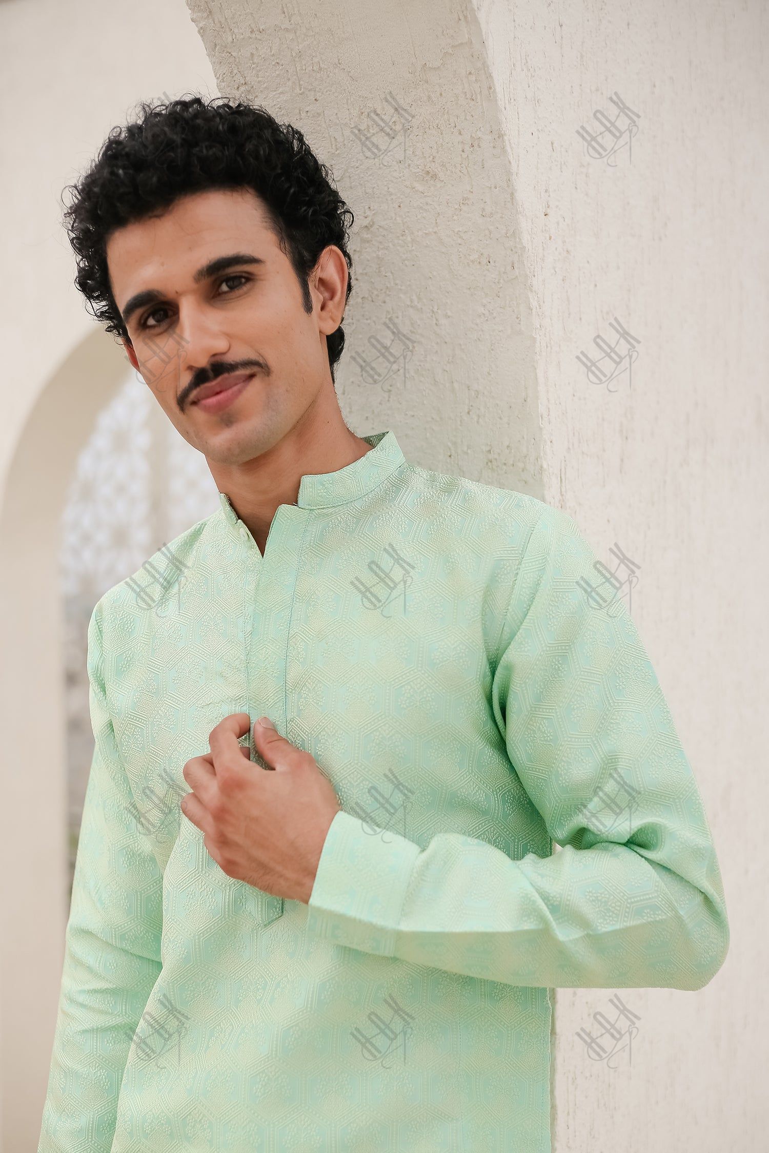 Men's Kurta In Jacquard Self  Lime Green