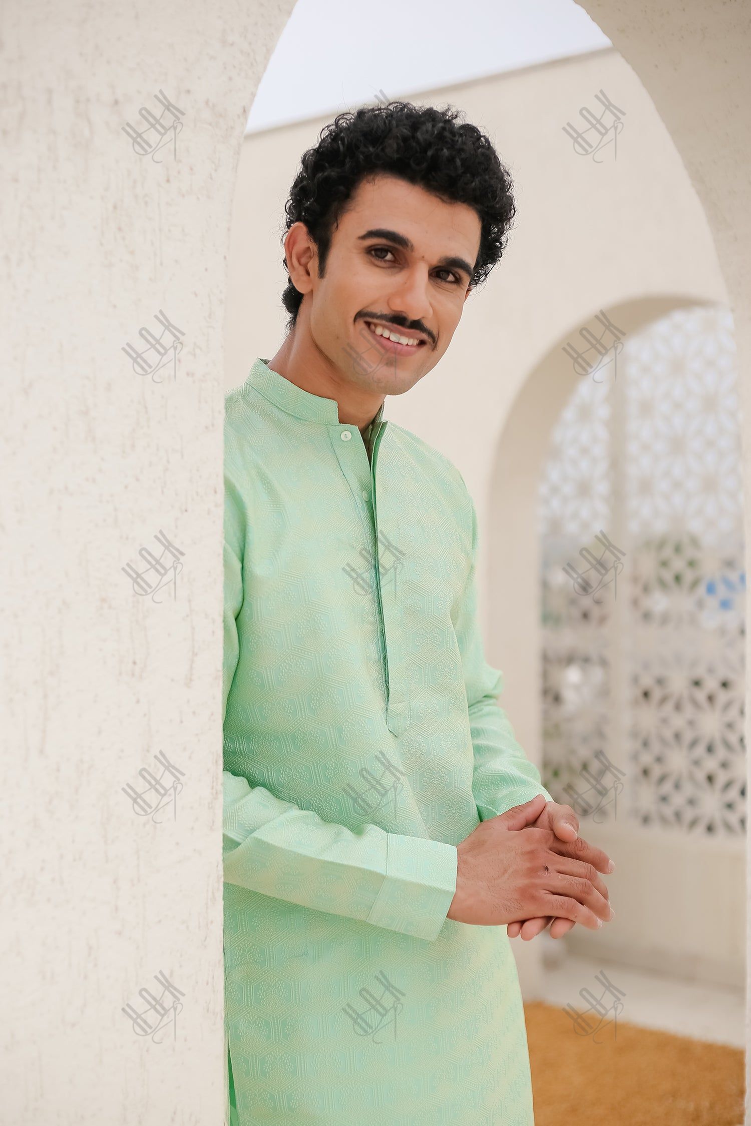 Men's Kurta In Jacquard Self  Lime Green