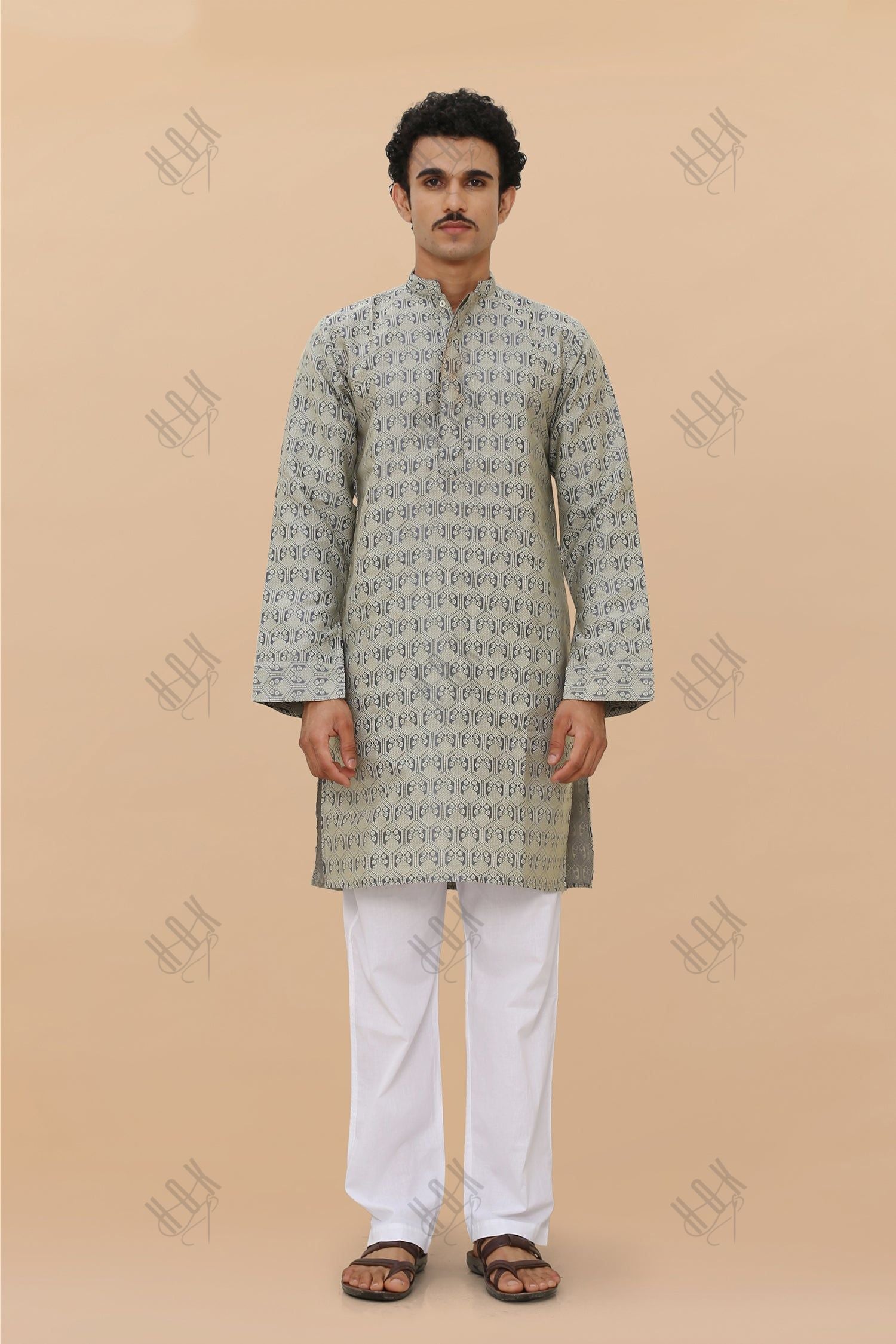 Men's Kurta In Jacquard Self  Grey Blue