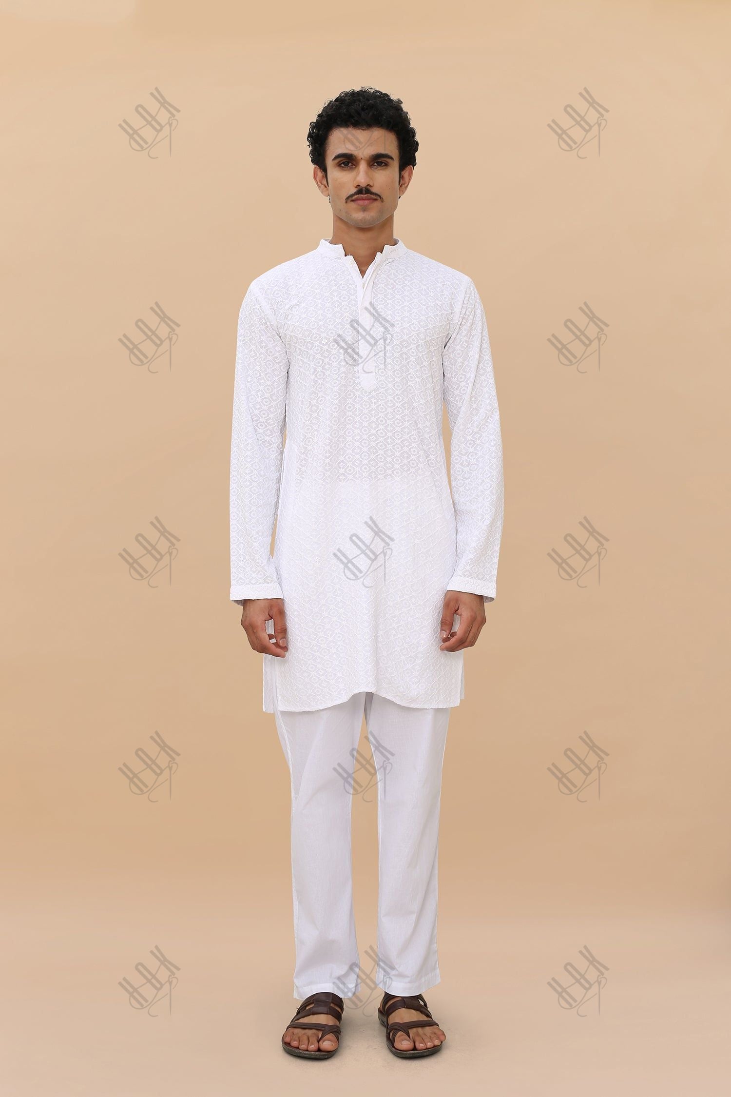 Men's Kurta In  Chikankari Rayon   - White