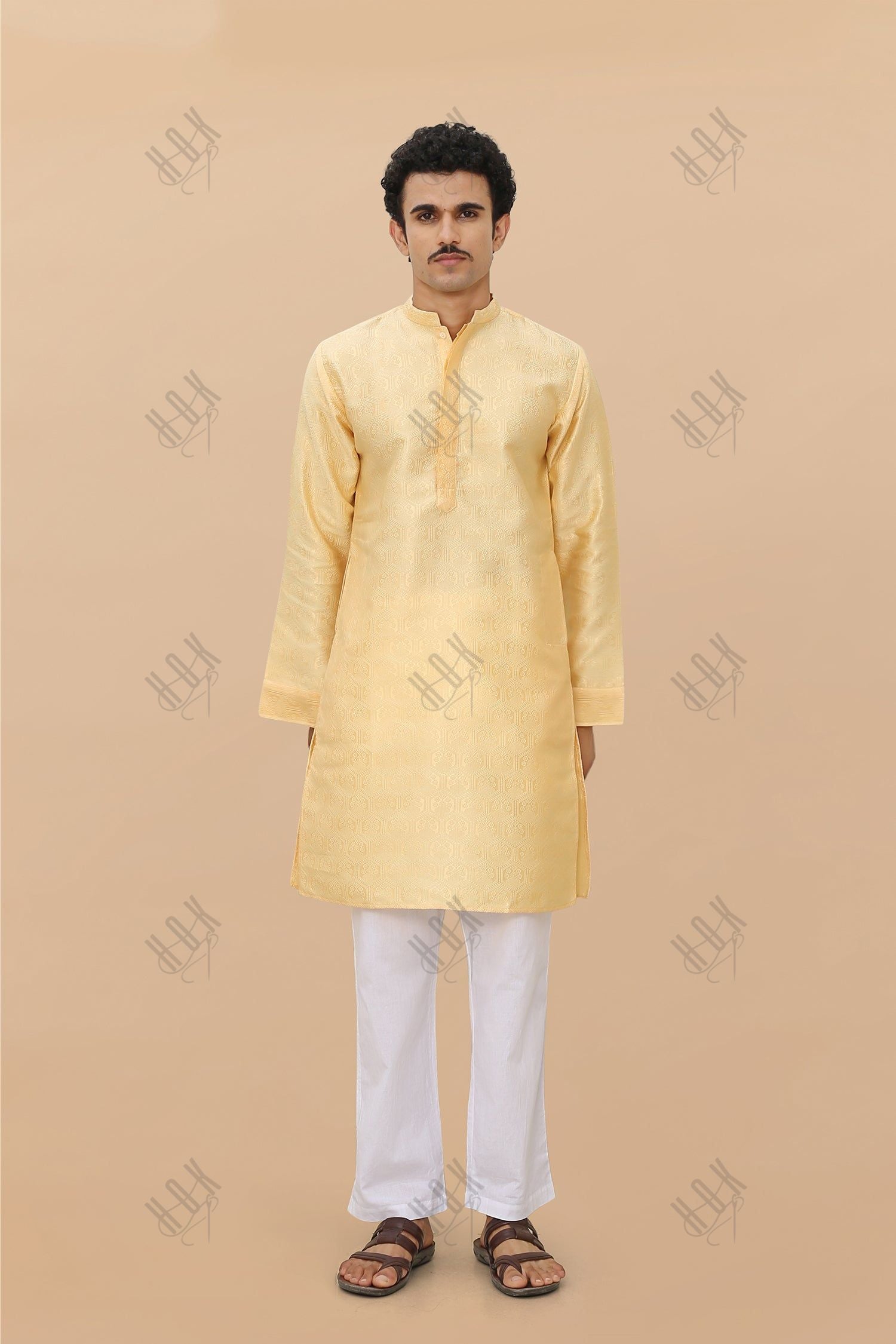 Men's Kurta In Jacquard Self  Yellow