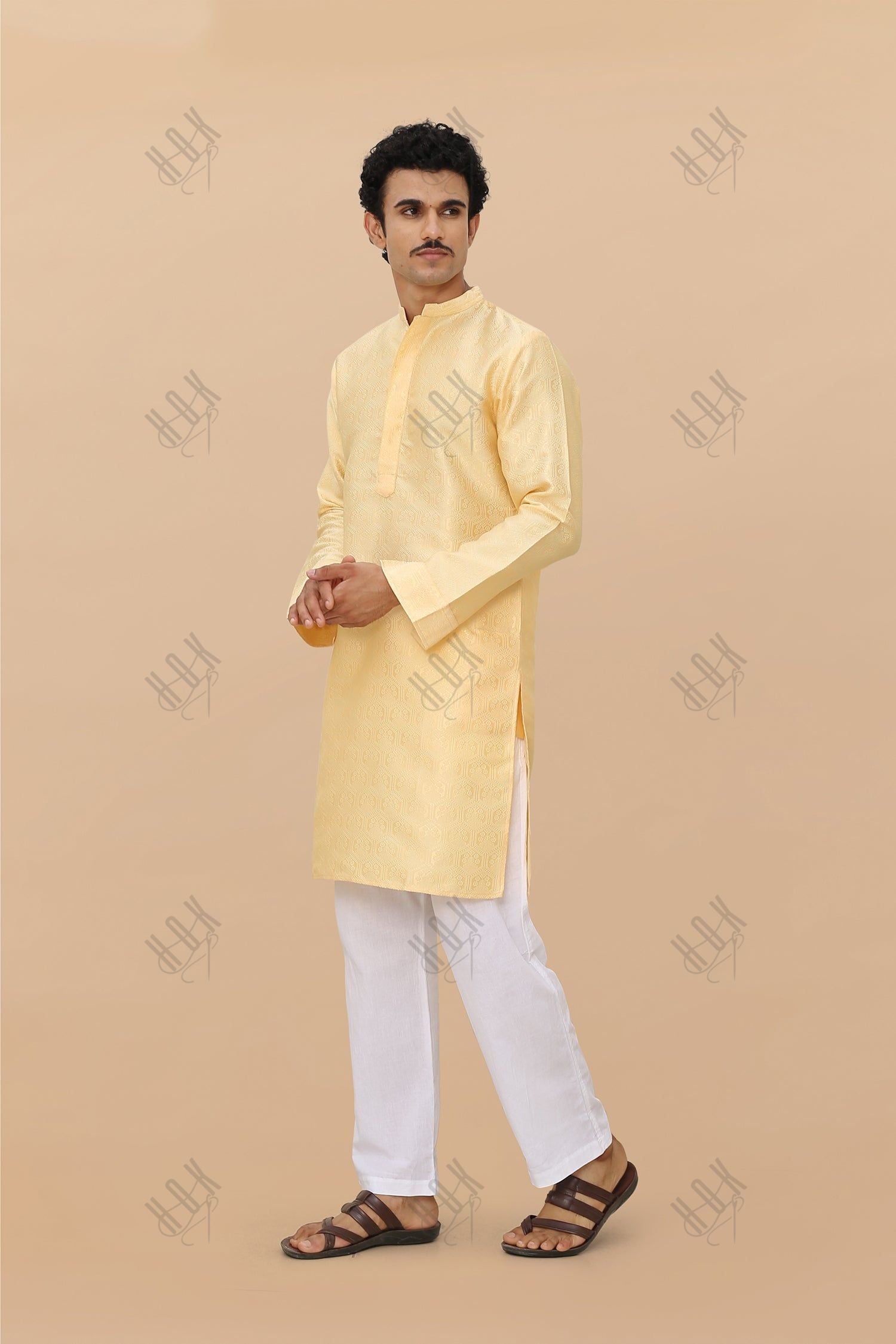 Men's Kurta In Jacquard Self  Yellow