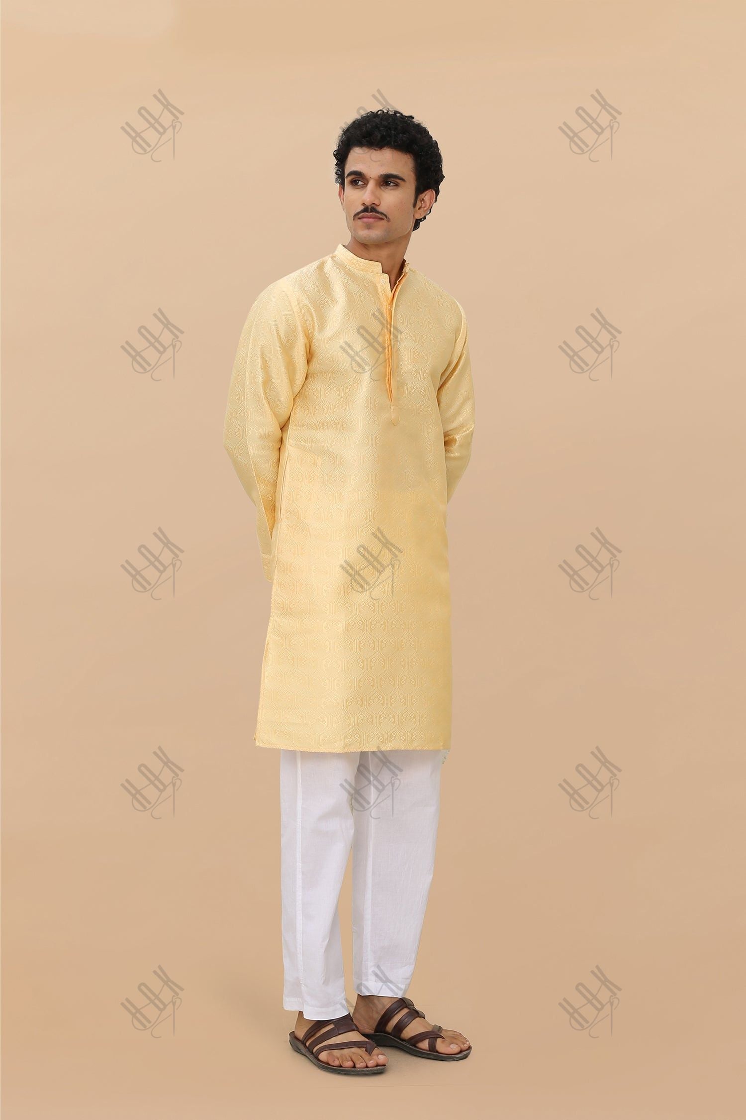 Men's Kurta In Jacquard Self  Yellow