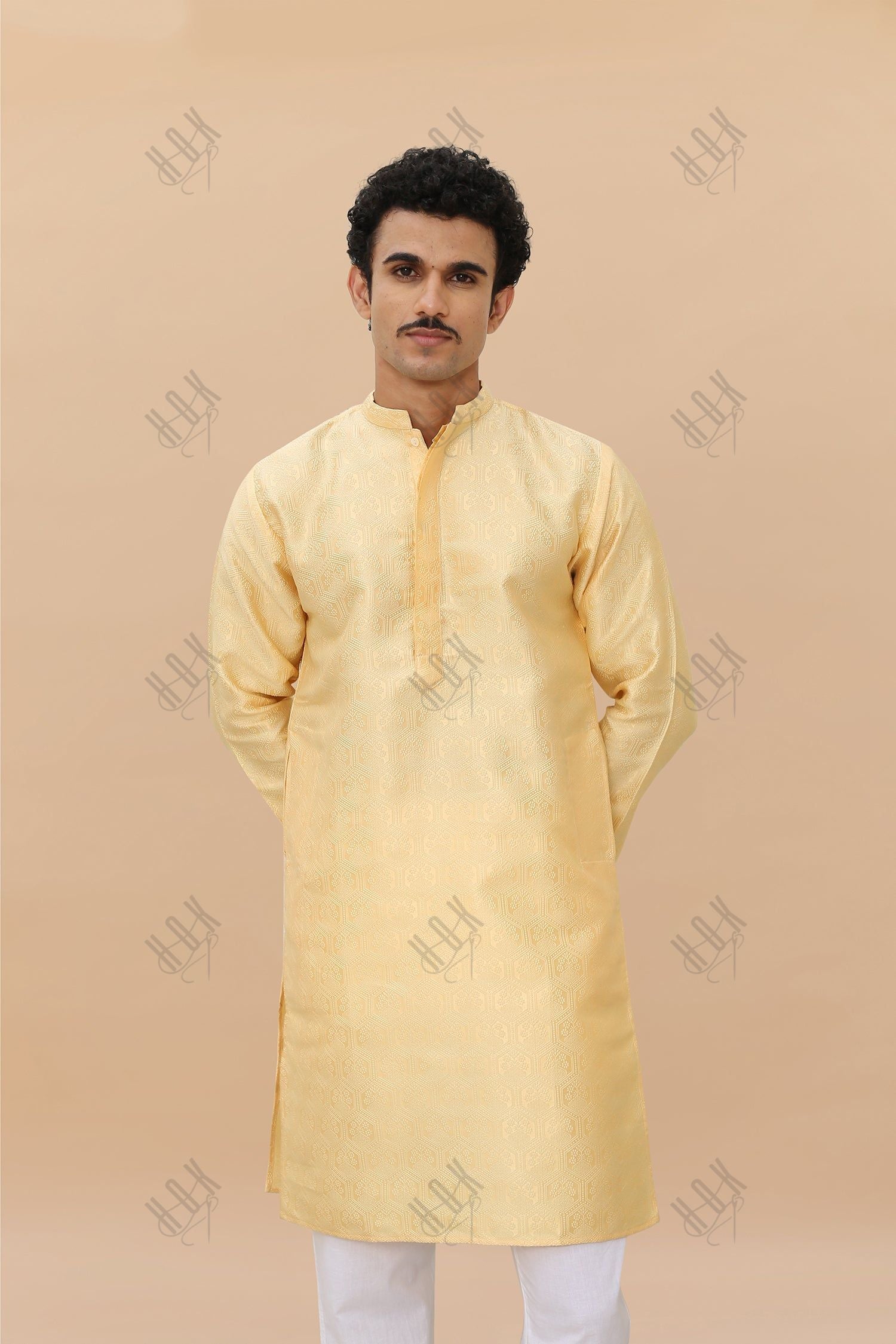 Men's Kurta In Jacquard Self  Yellow