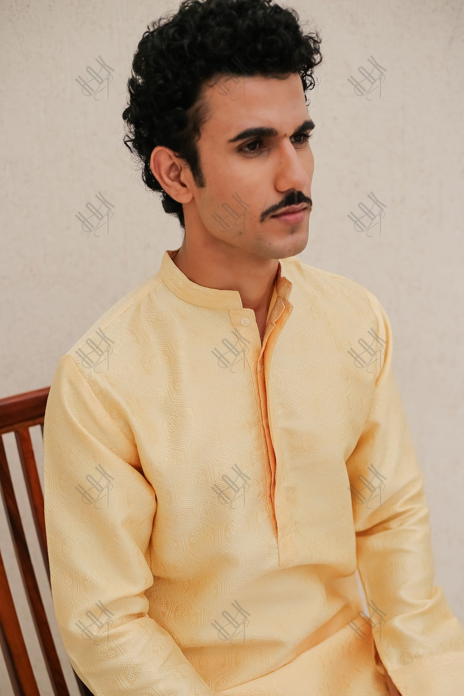 Men's Kurta In Jacquard Self  Yellow