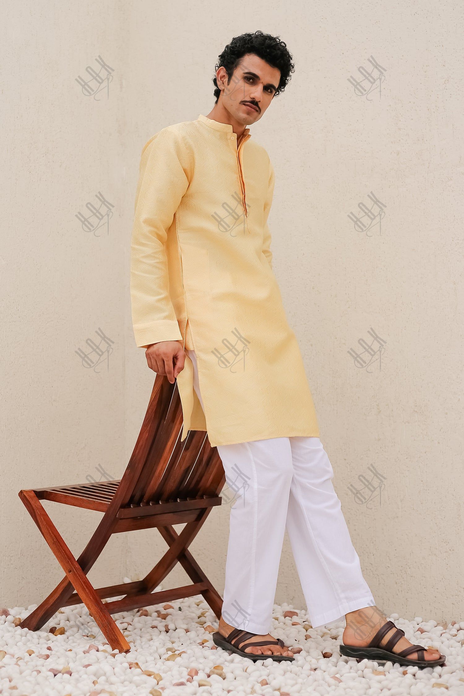 Men's Kurta In Jacquard Self  Yellow