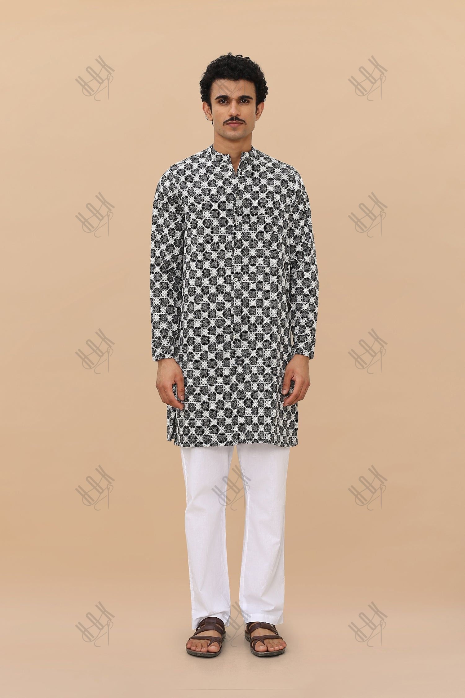 Men's Kurta In Jacquard With Embroidery - Black And White