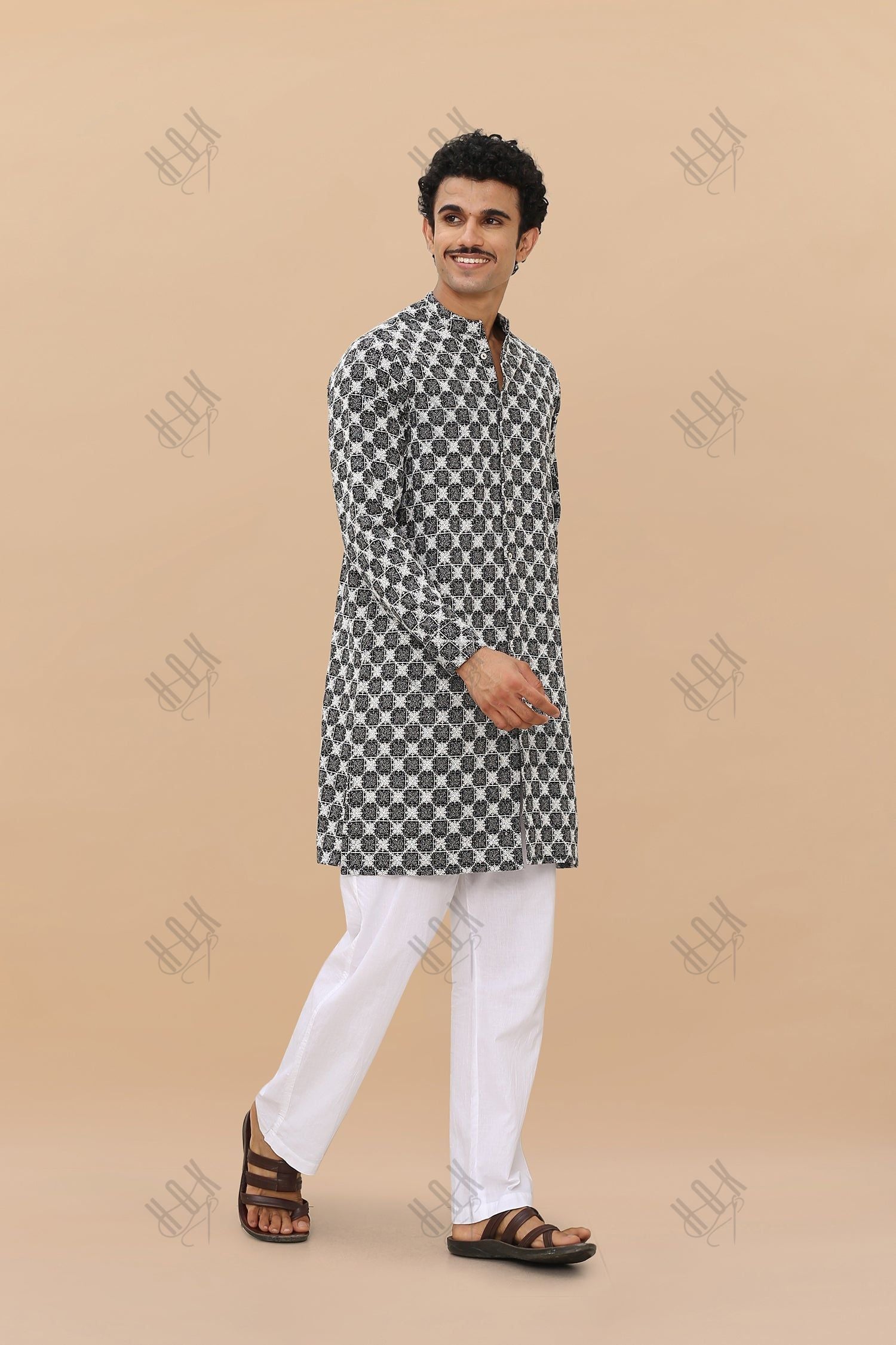 Men's Kurta In Jacquard With Embroidery - Black And White