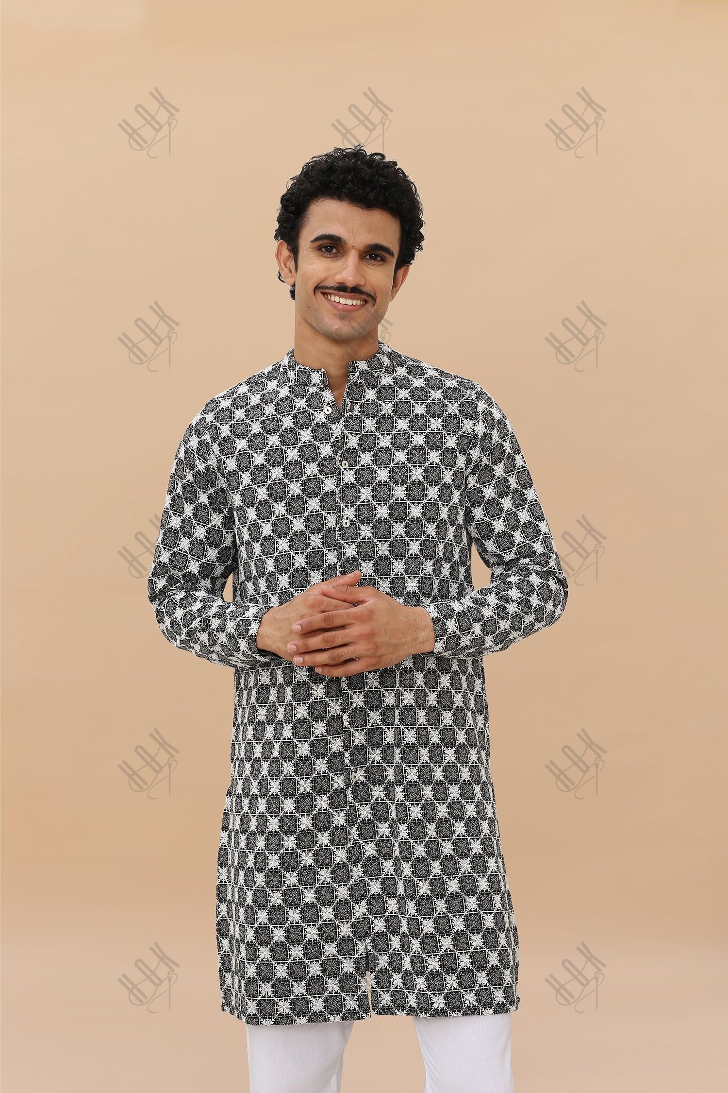 Men's Kurta In Jacquard With Embroidery - Black And White