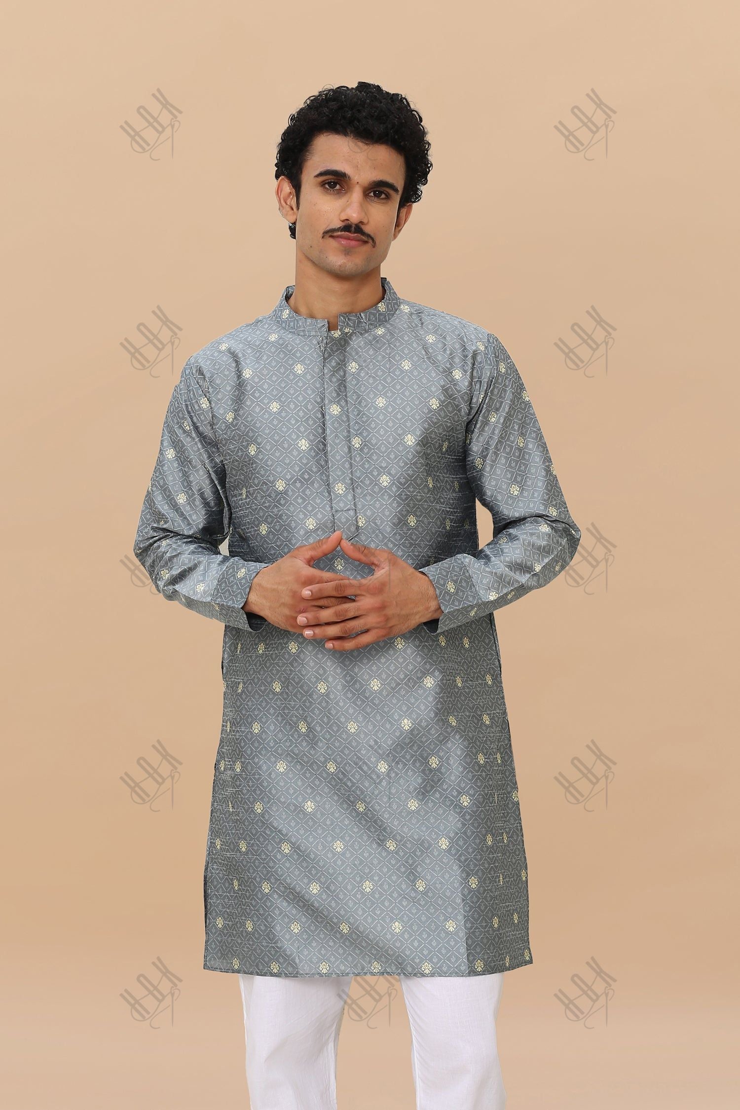 Men's Kurta In Jacquard Self  Grey