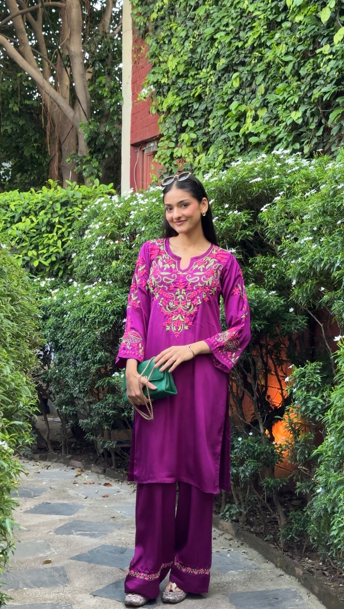 Anureet in Chikankari Kurta Set in Satin Silk with Farsi Pants – Purple