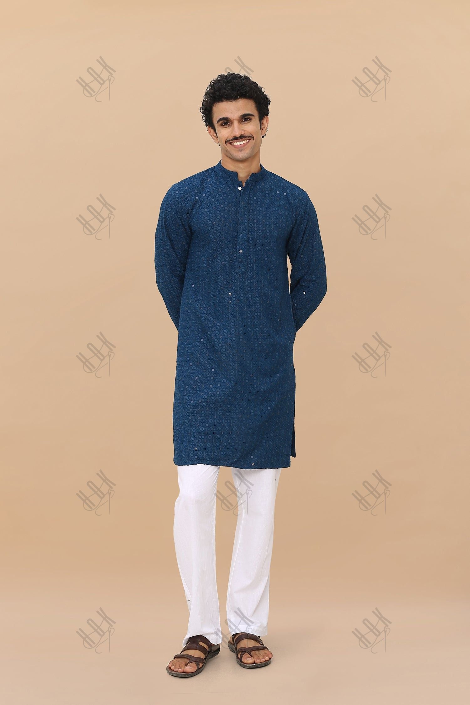 Men's Kurta In  Chikankari Rayon   - Blue