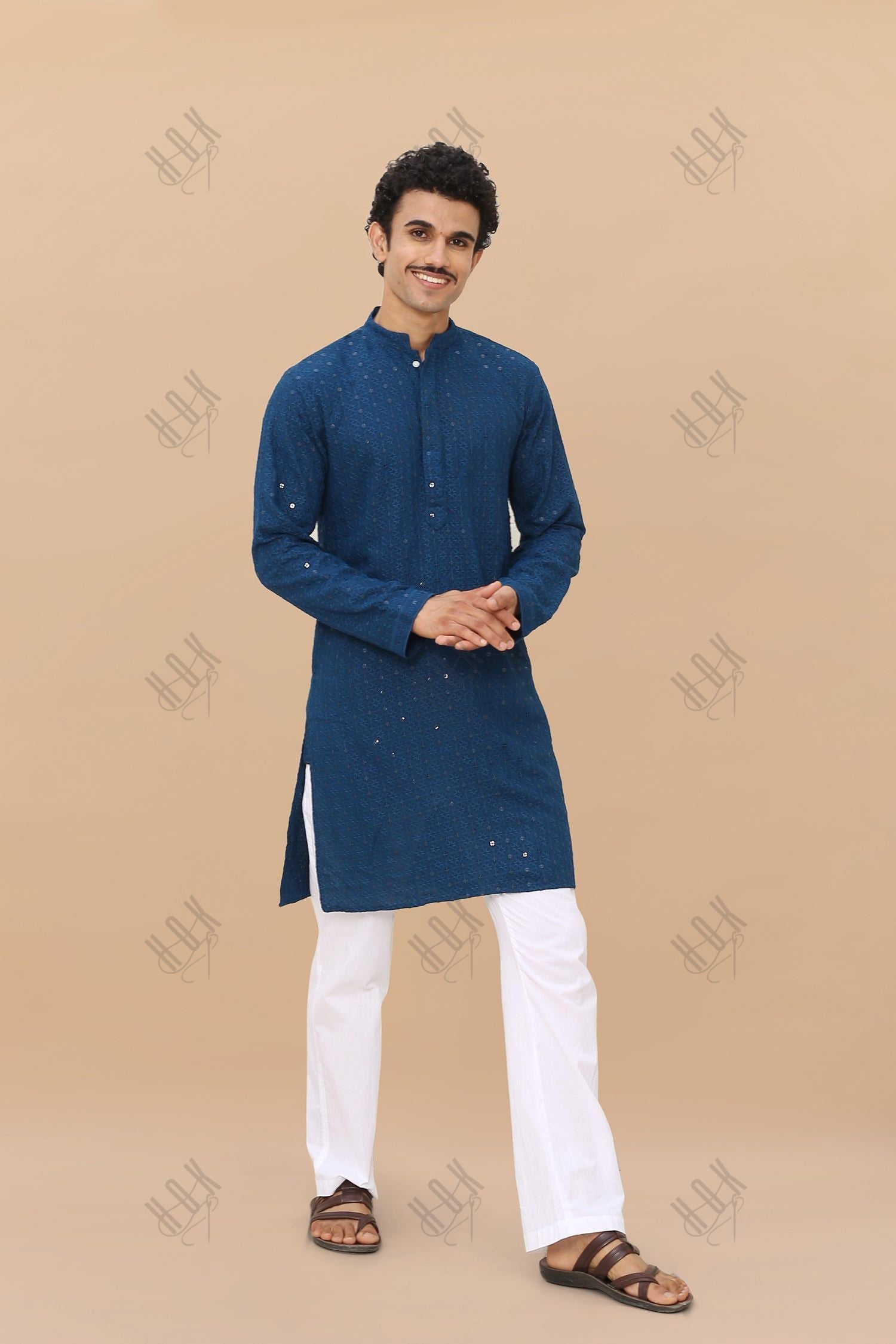 Men's Kurta In  Chikankari Rayon   - Blue