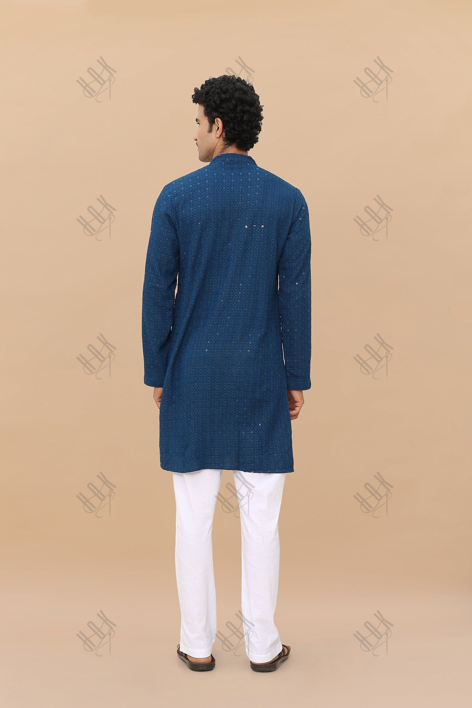 Men's Kurta In  Chikankari Rayon   - Blue