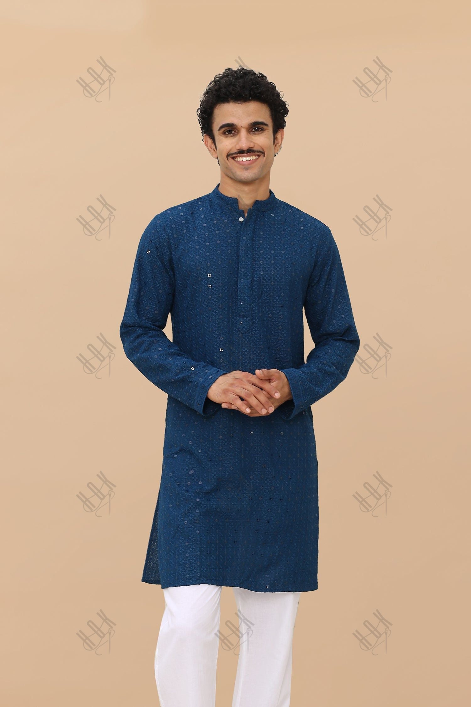 Men's Kurta In  Chikankari Rayon   - Blue