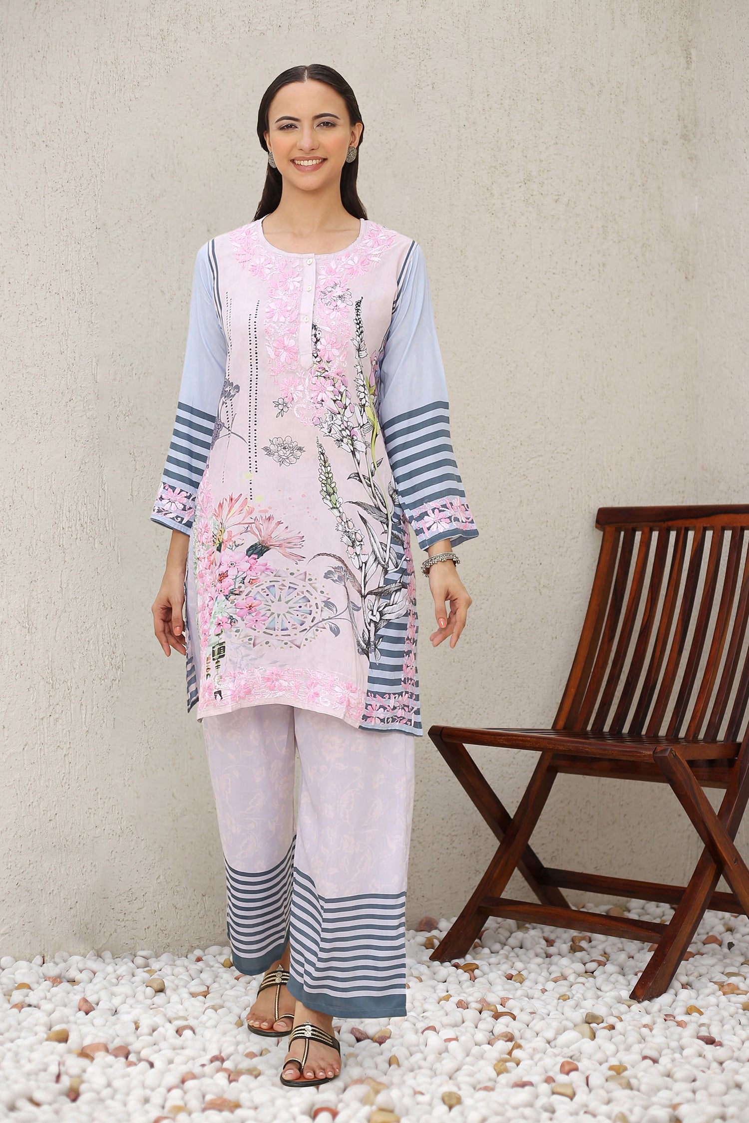 Saba Chikankari Set in Printed Polysilk - Pink Blue