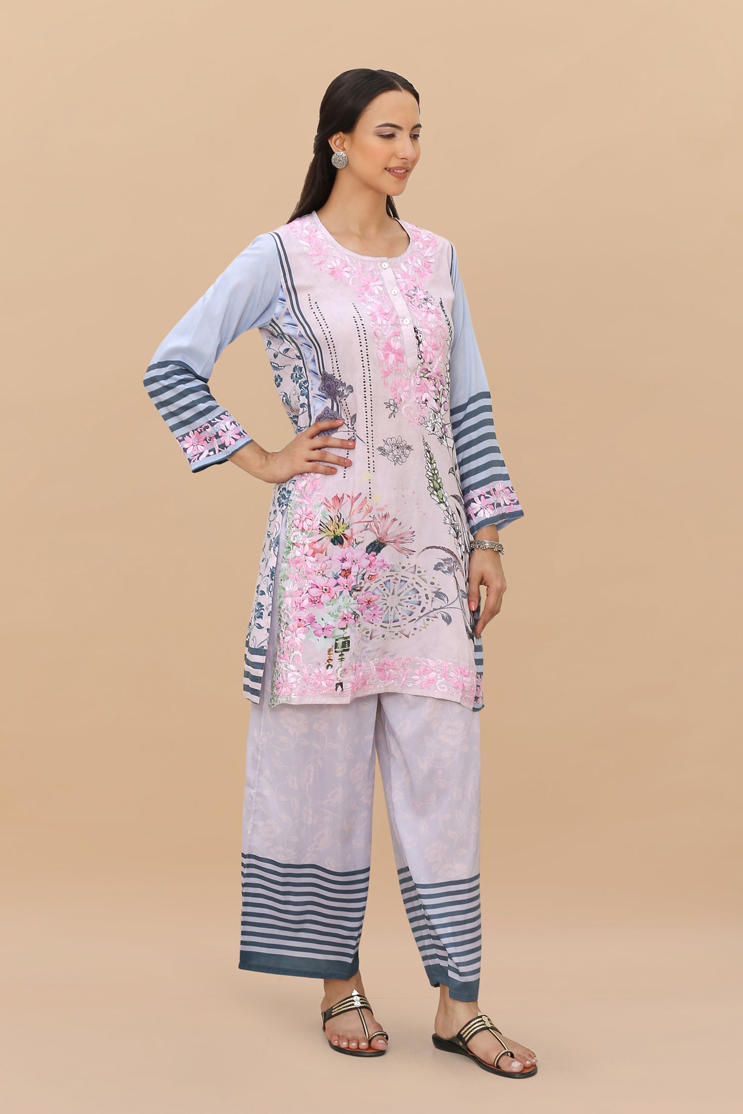 Saba Chikankari Set in Printed Polysilk - Pink Blue