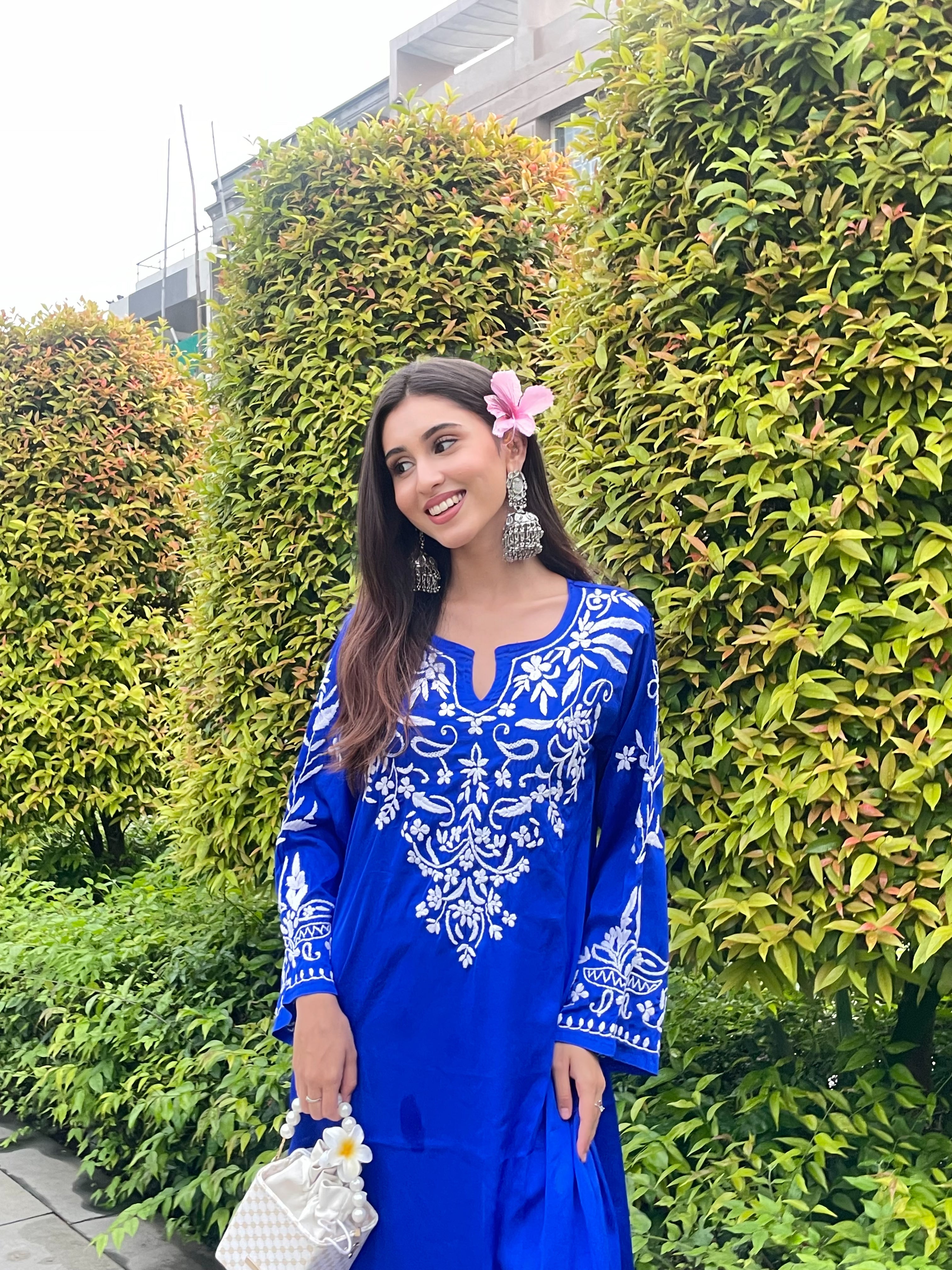 Yashaswi in Chikankari Kurta Set in Satin Silk with Farsi Pants – Royal Blue