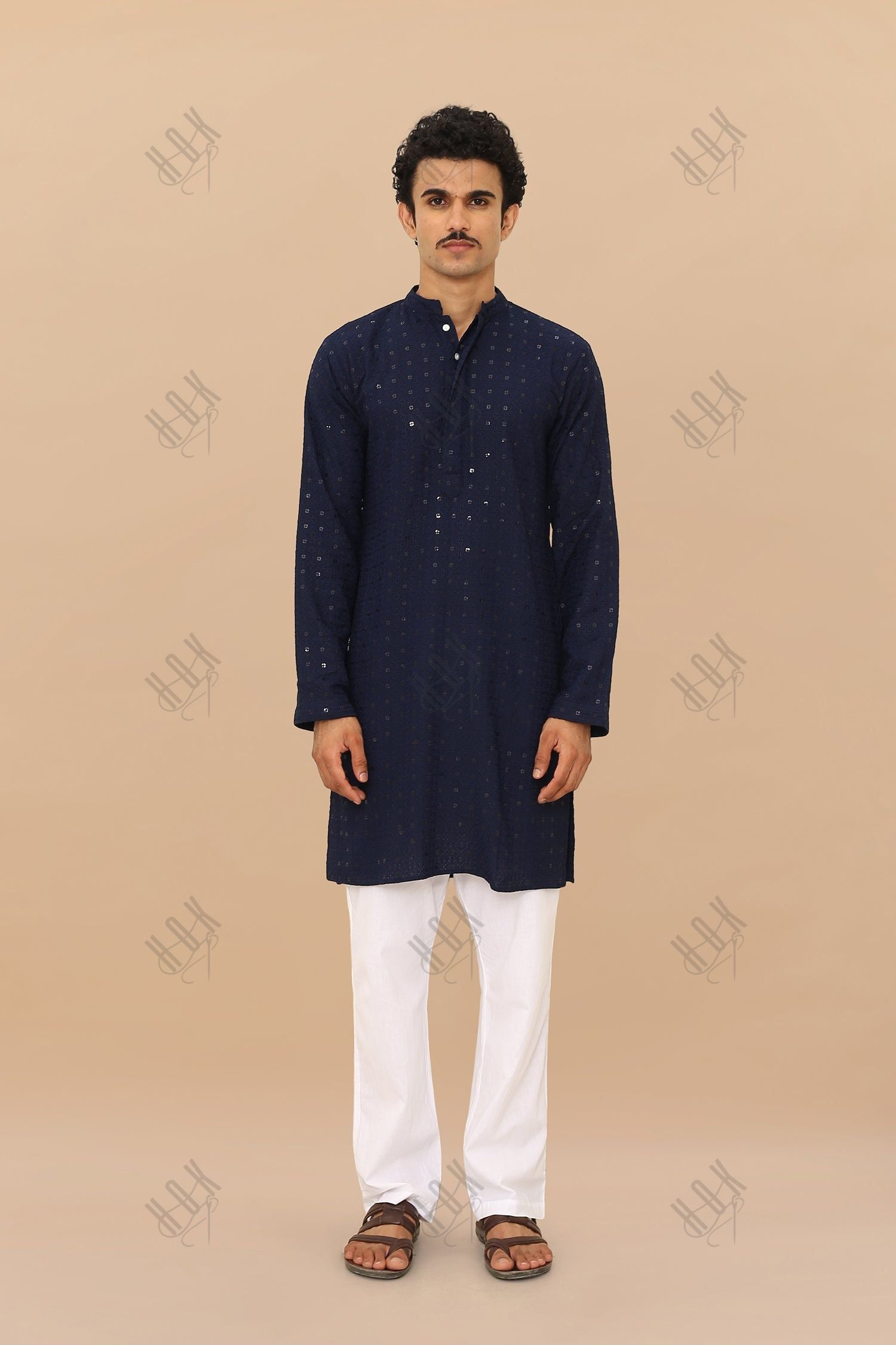 Men's Kurta In  Chikankari Rayon  - Navy Blue