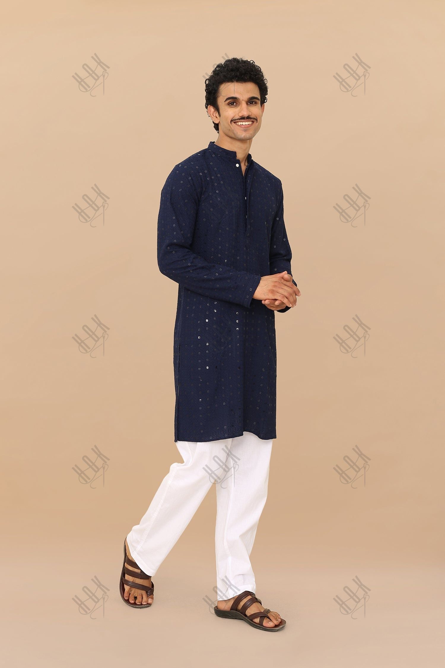 Men's Kurta In  Chikankari Rayon  - Navy Blue