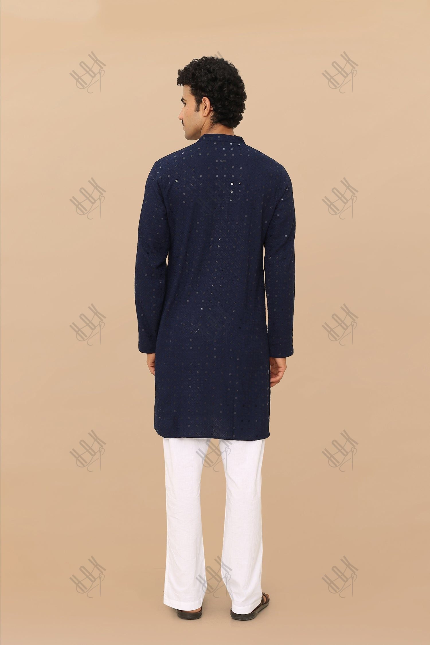 Men's Kurta In  Chikankari Rayon  - Navy Blue