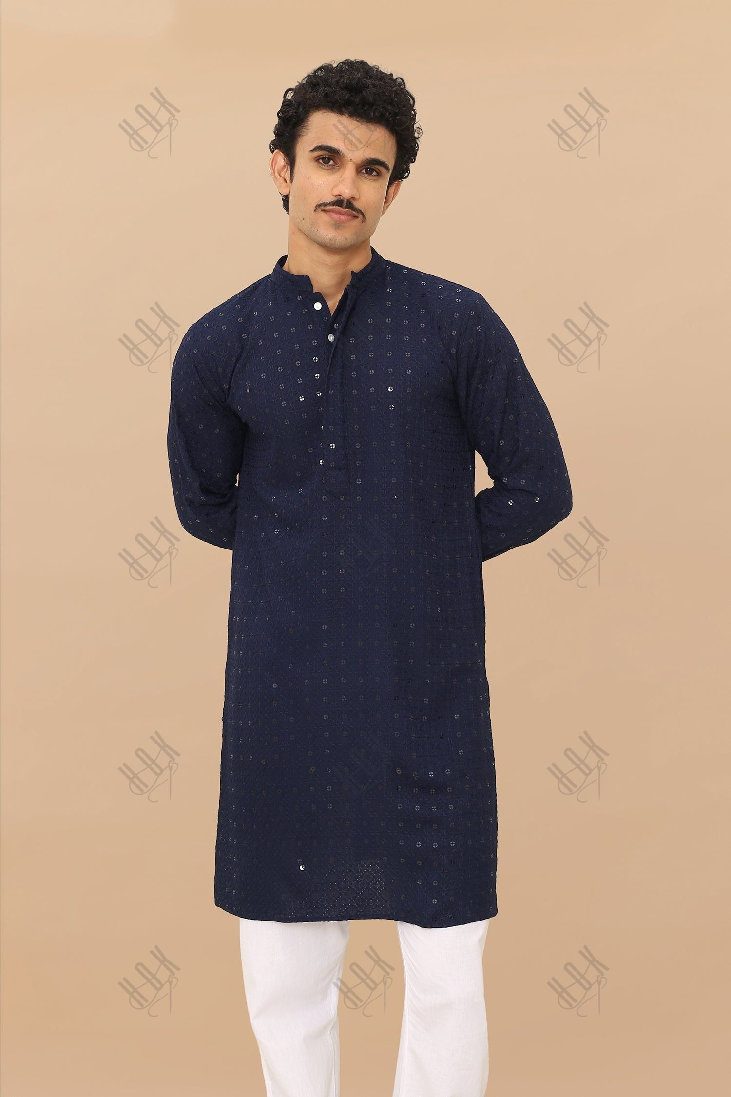 Men's Kurta In  Chikankari Rayon  - Navy Blue